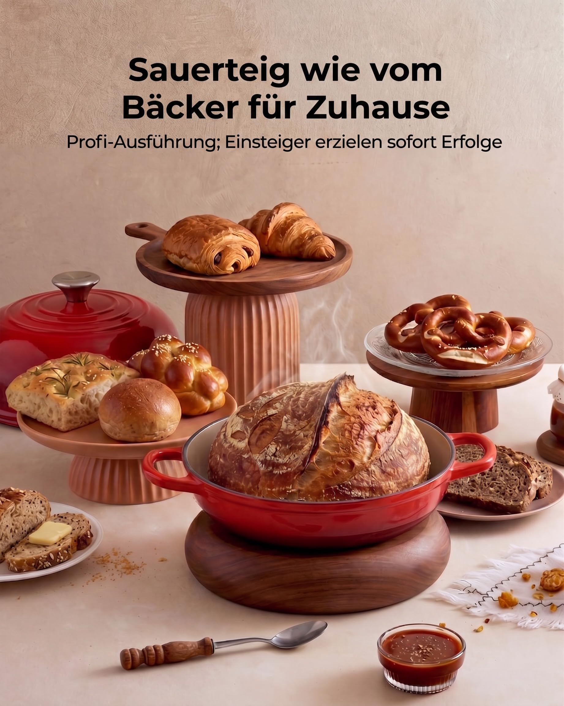 Gusseisen Topf Brot Backen, 4,7L Bräter Emaille Schmortopf mit Deckel und Griffen, 24 cm Dutch Oven, Brotbacktopf für Selbstgemachte, Geshenke für Sauerteigbäcker, Rot