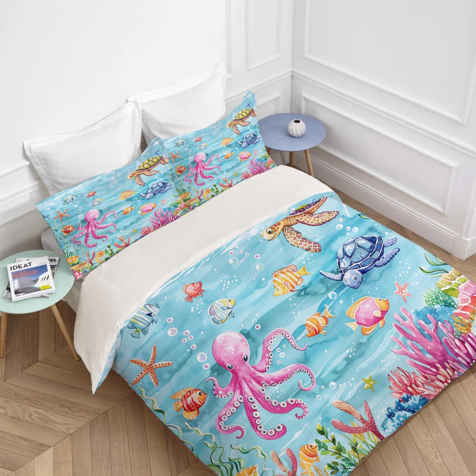 jerkboo Ocean Animal Bedding Set Turtle Octopus Duvet Cover Twin Full Queen King Size Comforter Cover for Kids Adults Men Women Ocean Theme Quilt Cover Decorative Soft Bedding Set with 2 Pillowcases