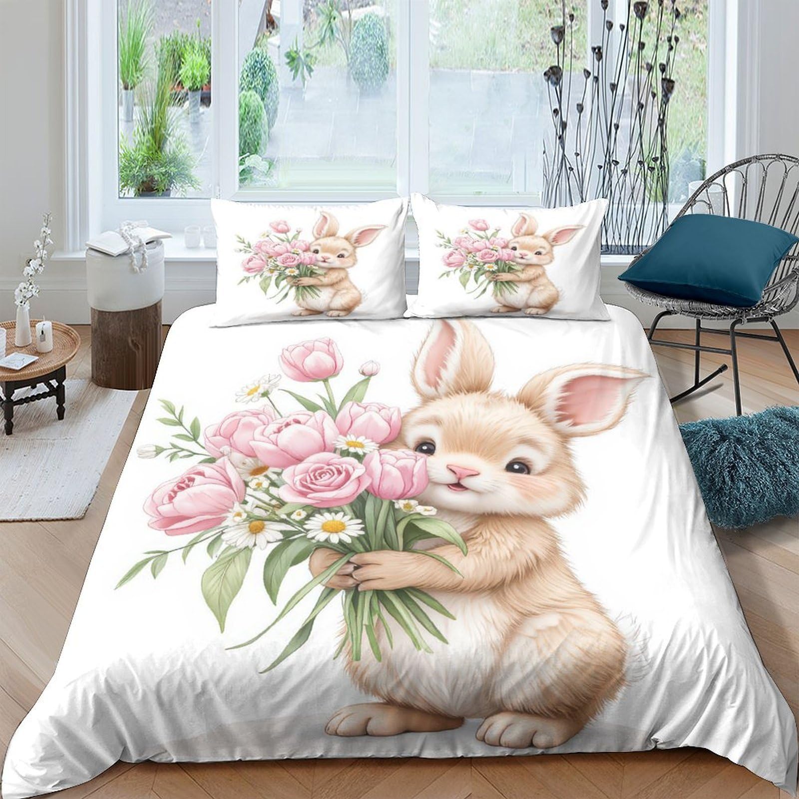 Ctjqhvkz Style-9 3D Printed Cute Bunny Bouquet Fitted Sheet Microfiber Soft Non-Slip Mattress Cover For Bedroom Guest Room Decor Single（135X200cm）