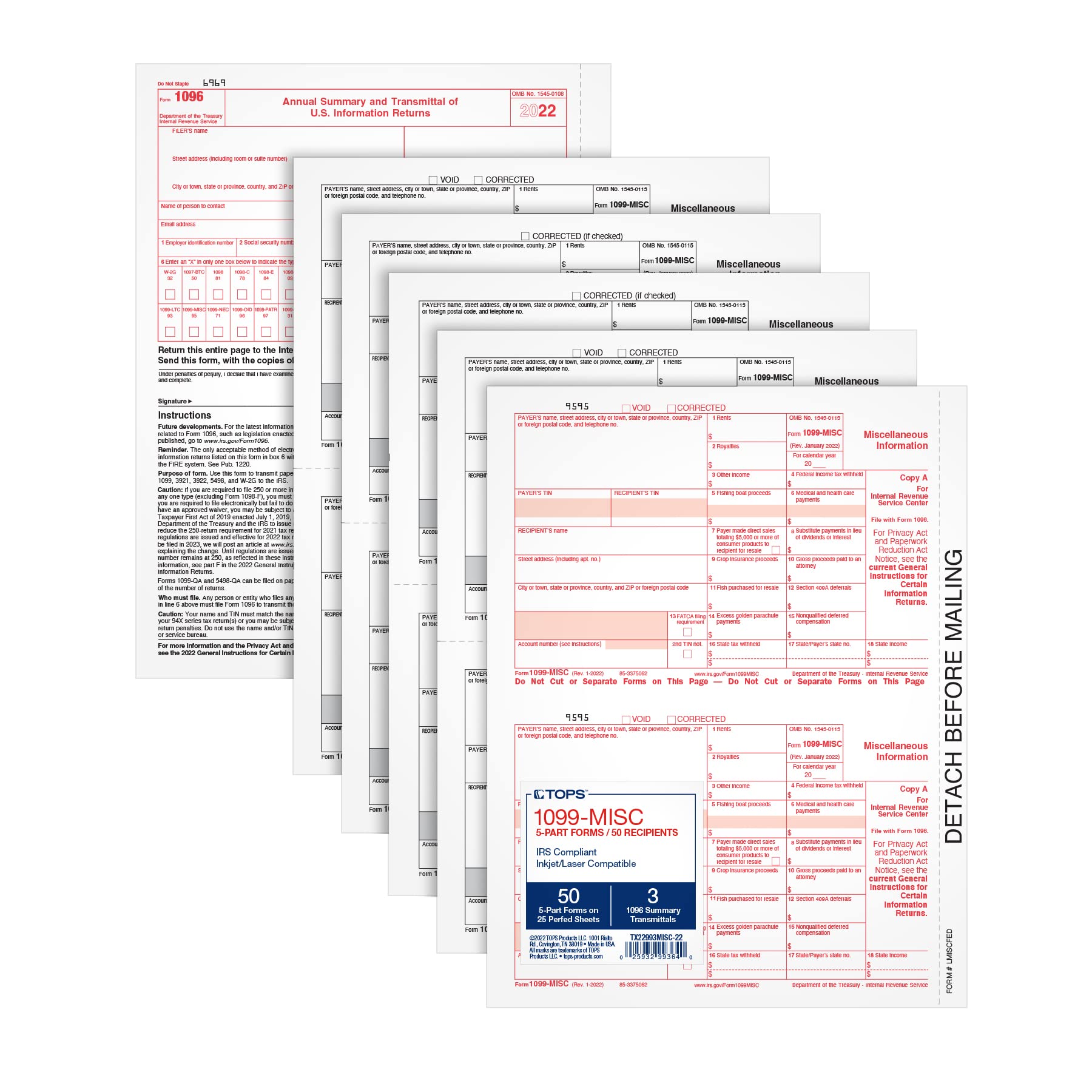 Photo 1 of TOPS 1099 MISC 2 Up Forms 2022, 5 Part 1099 Forms, Laser/Inkjet Tax Form Sets for 50 Recipients, Includes 3 1096 Forms (TX22993MISC-22)