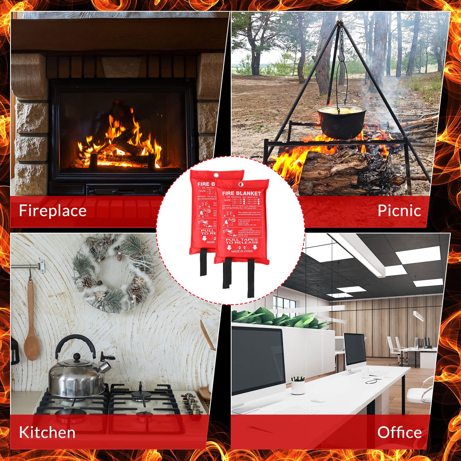 Jerify Feuerlöschdecke für Zuhause, Notfall-Feuerlöschdecke, 119,8 x 119,8 cm, Küche, Feuerlöschdecke, Fiberglas, feuerhemmender Schutz und Wärmeisolierung, 8 Stück (rot)