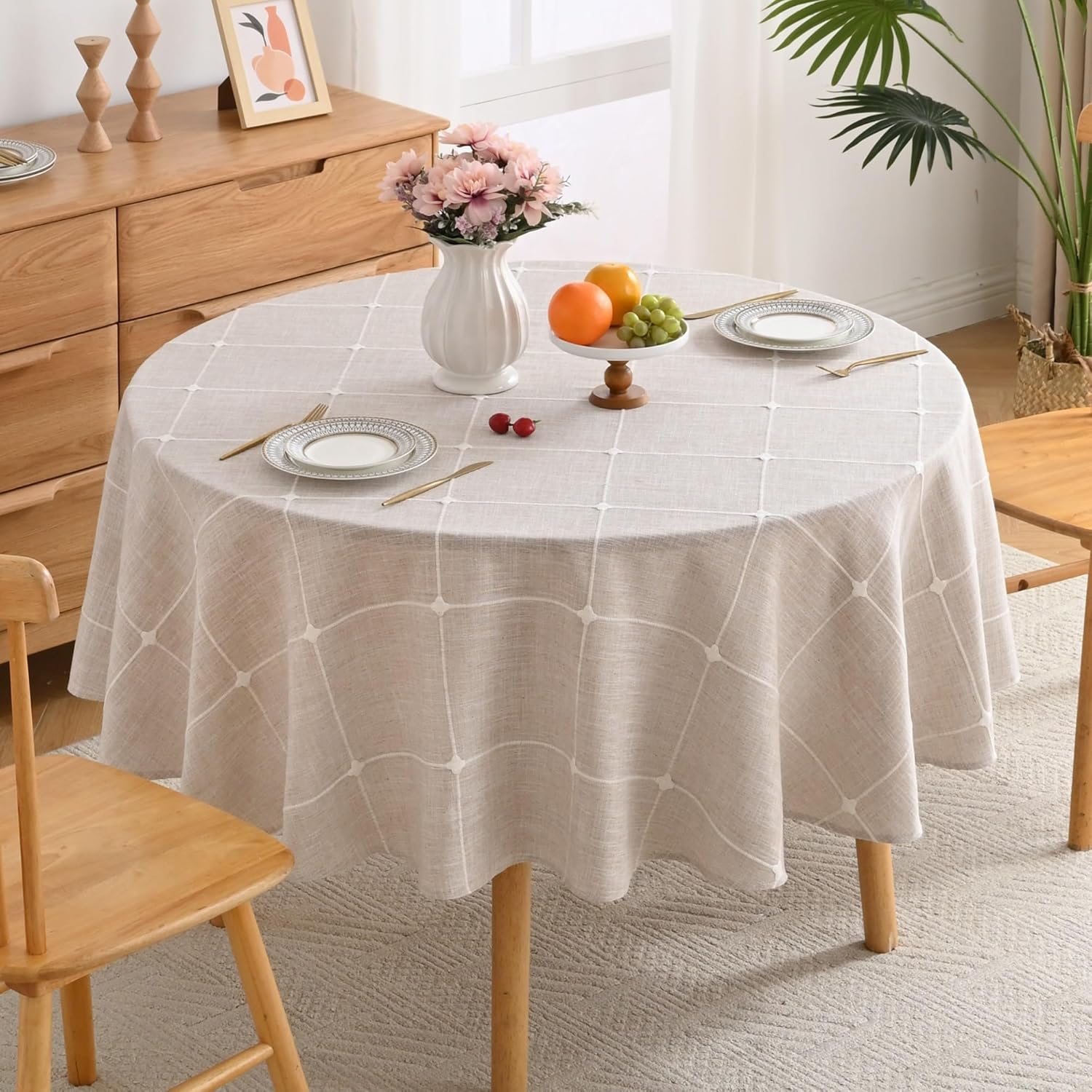 Lattice Embroidery Plaid Round Tablecloth, Heavy Duty Cotton Linen Fabric Wrinkle Resistant Round Table Cloth Cover for Home Kitchen Dining Party Decor, Round 70 Inch, Beige