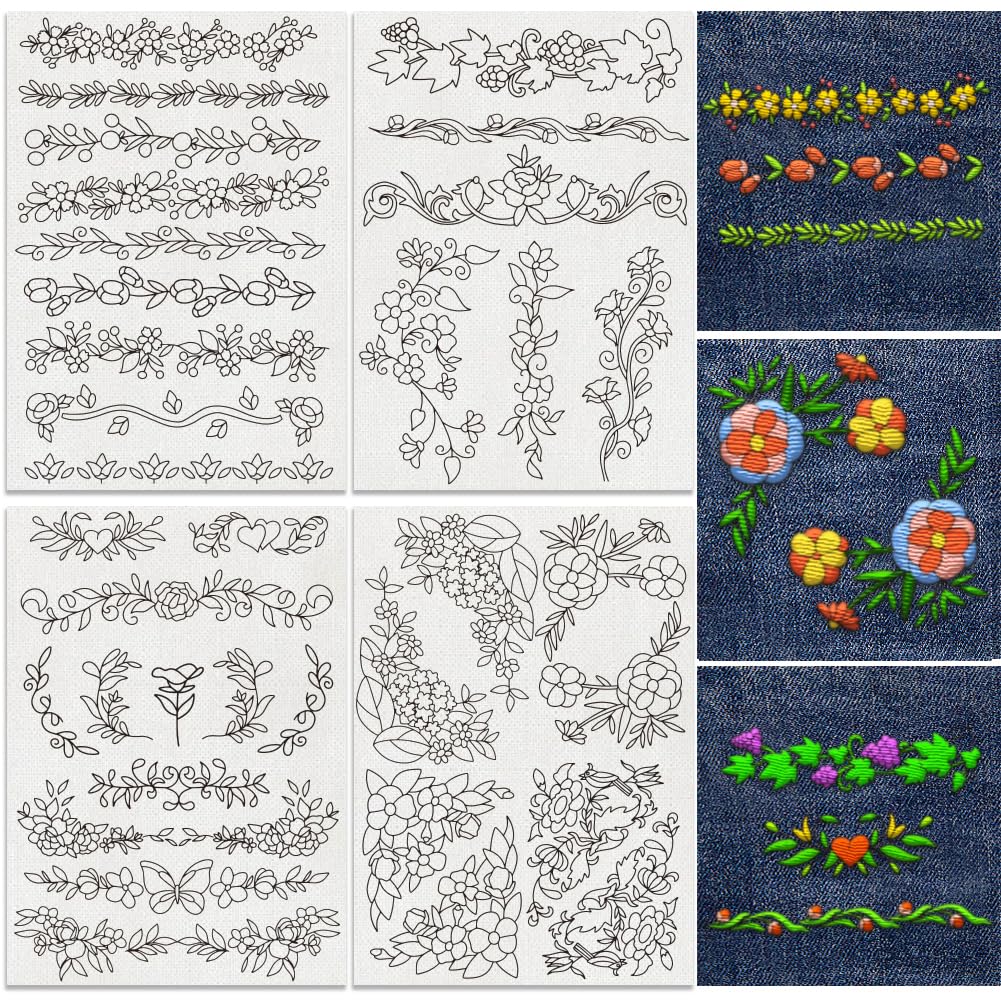 Doodlream 35Pcs Plant Vine Water Soluble Hand Sewing Stabilizers 4 Sheets