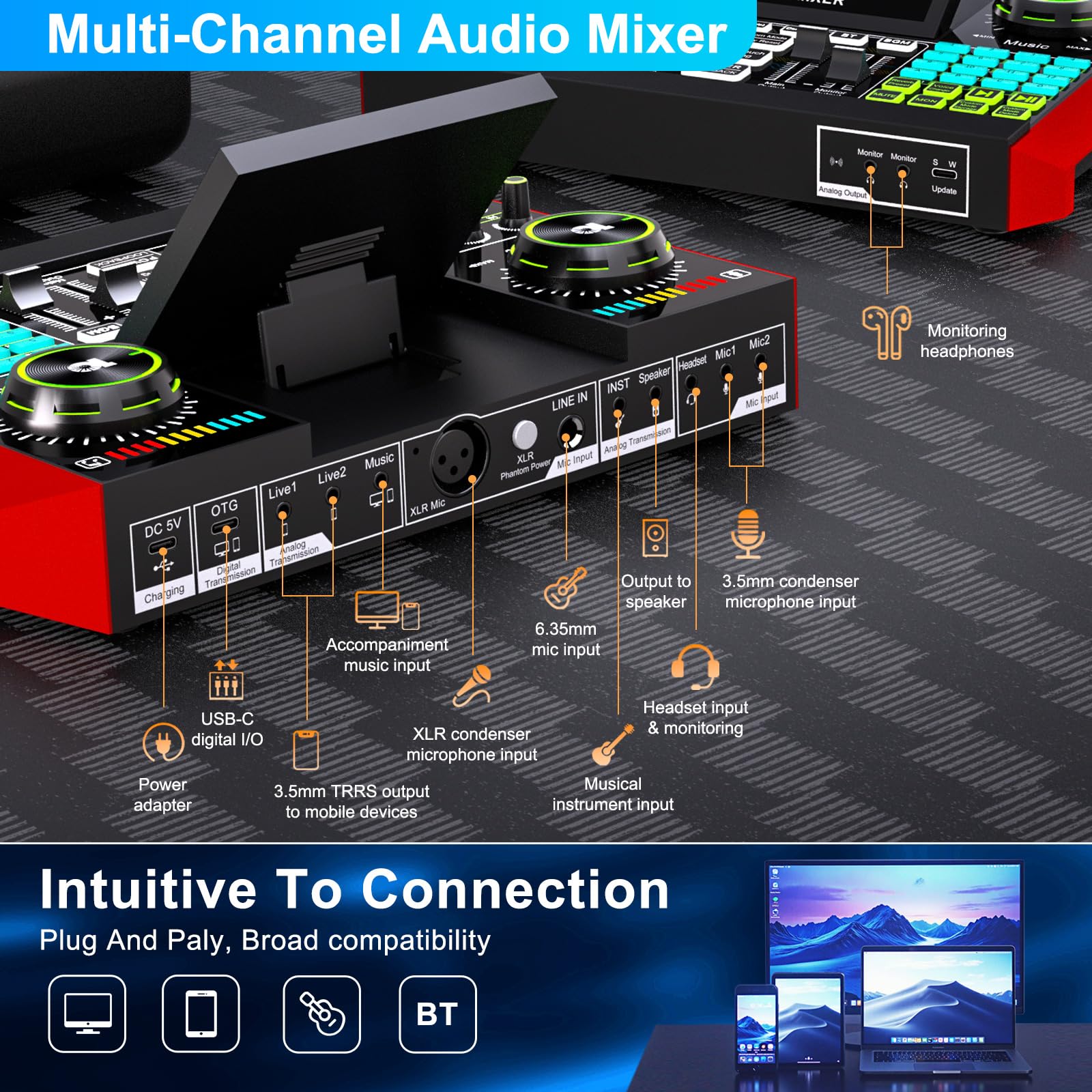 Podcast Equipment Bundle with 3.5mm Condenser Microphone for Pc/Phone Live Streaming Singing Gaming, Podcast Microphone Bundle with Live Sound Board Audio Mixer Denoise,DJ Sets