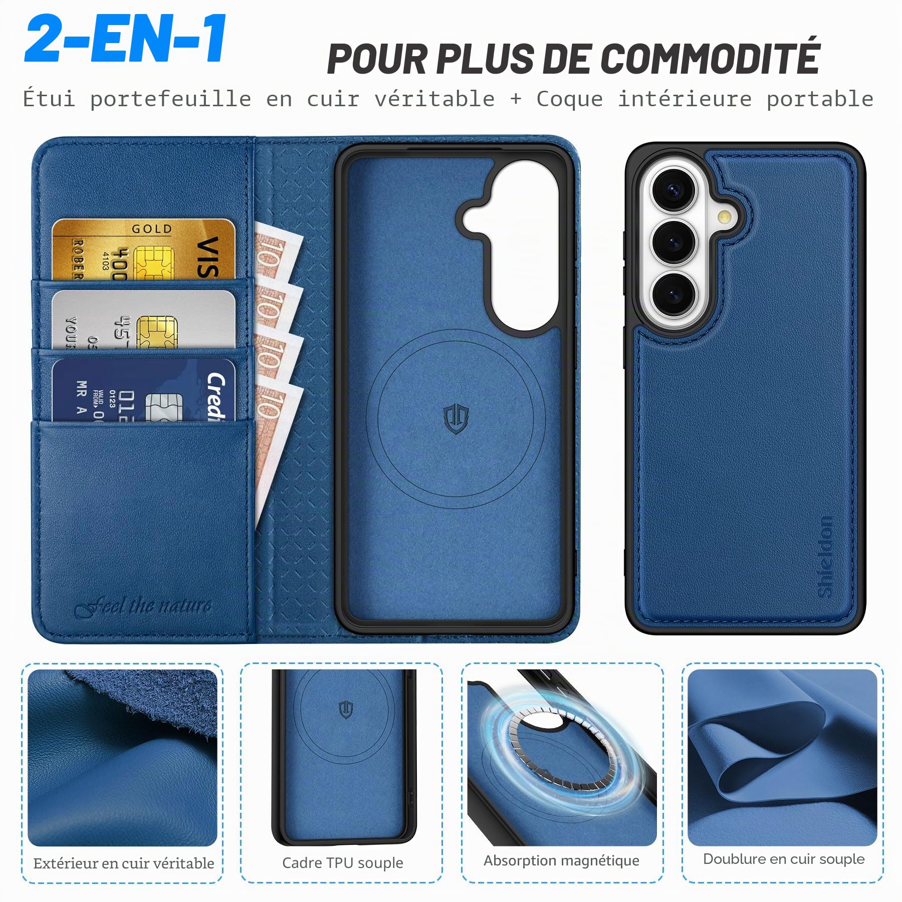 Shieldon Etui 2 en 1 en Cuir Véritable pour Galaxy S26 6.3", Bleu Royal