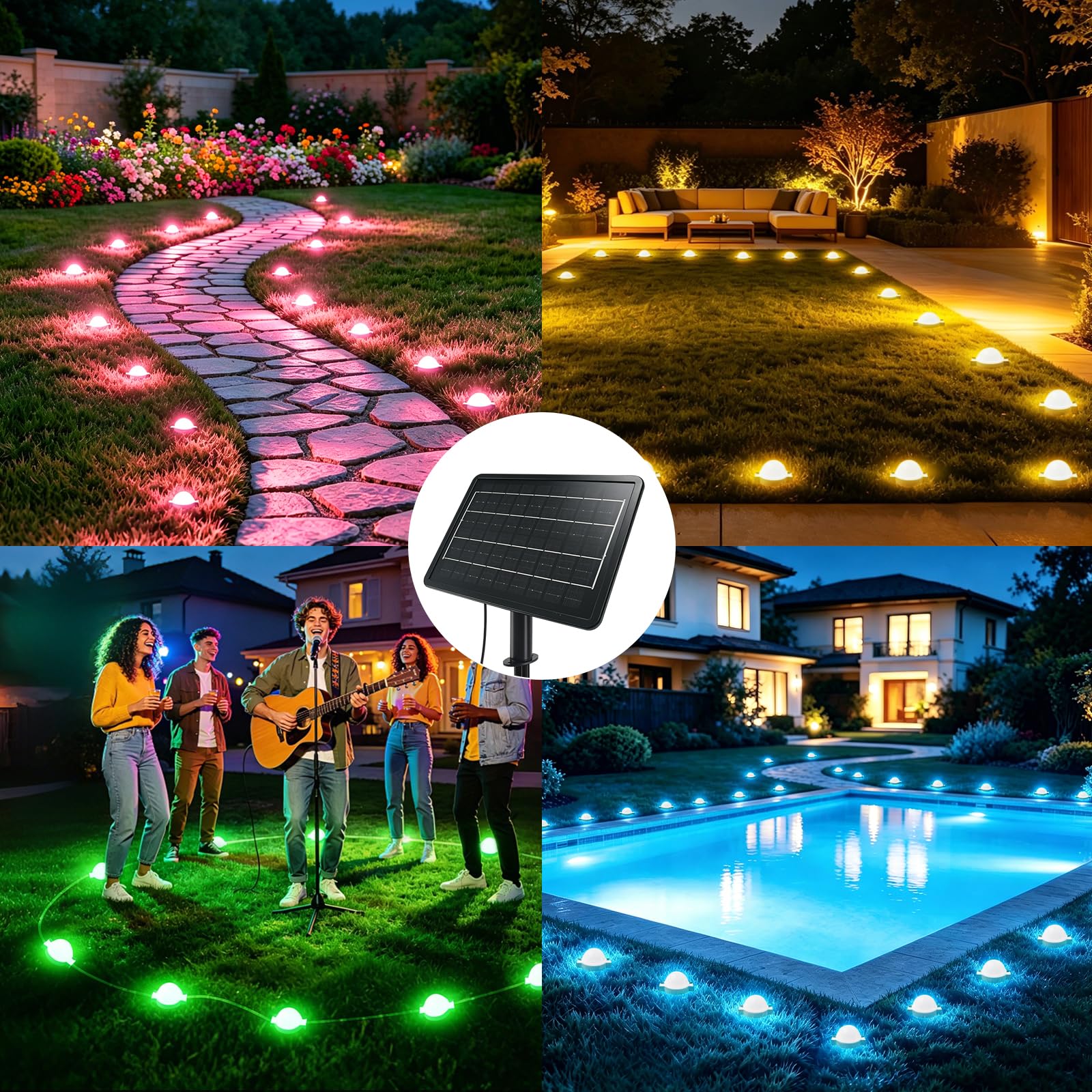 Solar Bodenstrahler Außen 10M mit 12LEDs, Bluetooth RGB LED Bodenleuchten, Musik Sync, IP67 Wasserdichte Trauflichter für Allerheiligen Weihnachtsdeko