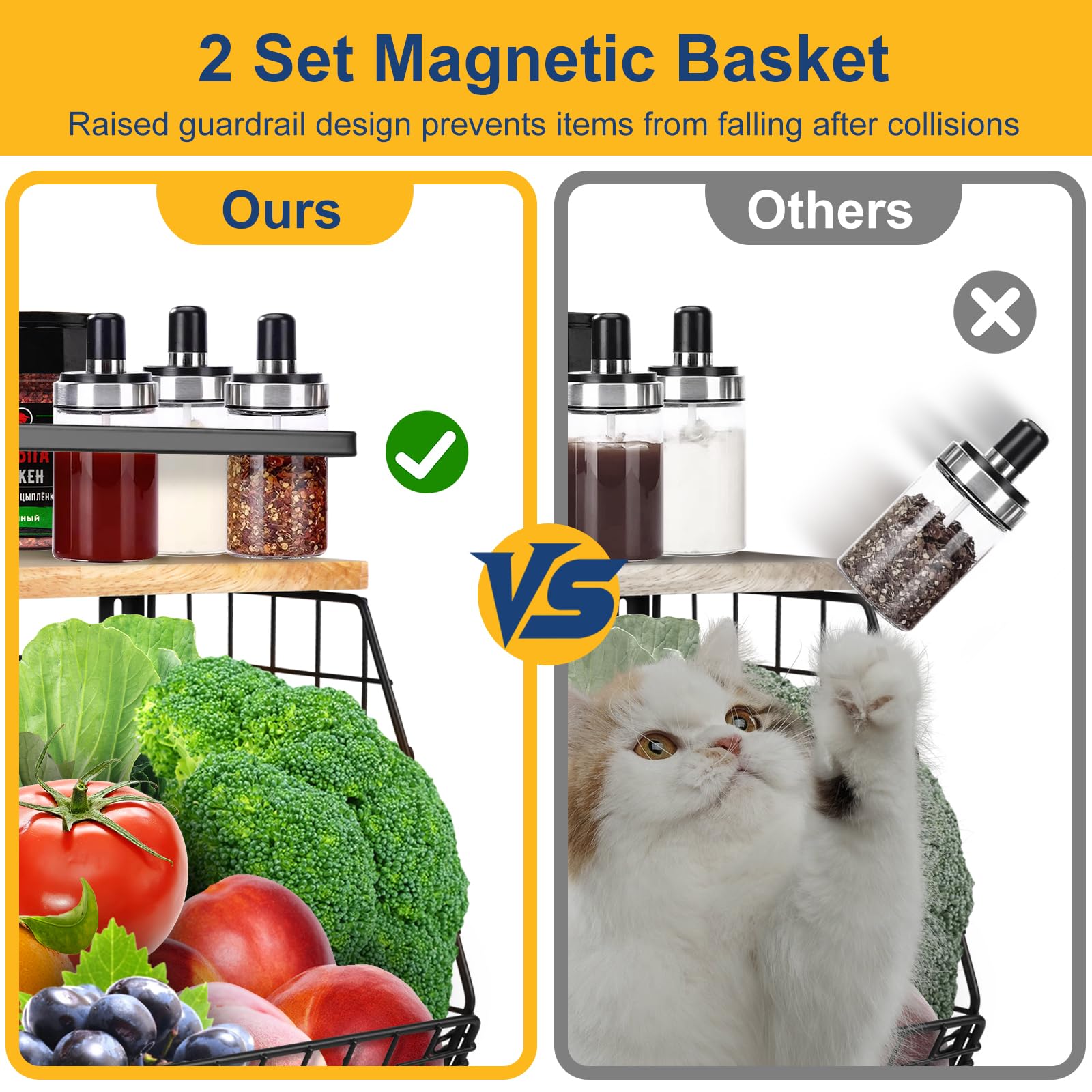 Confezione da 2 cestini magnetici per verdure, frutta, frutta, per cucina, appendiabiti con gancio per banane, impilabili, per verdure, frigorifero, senza fori, nero