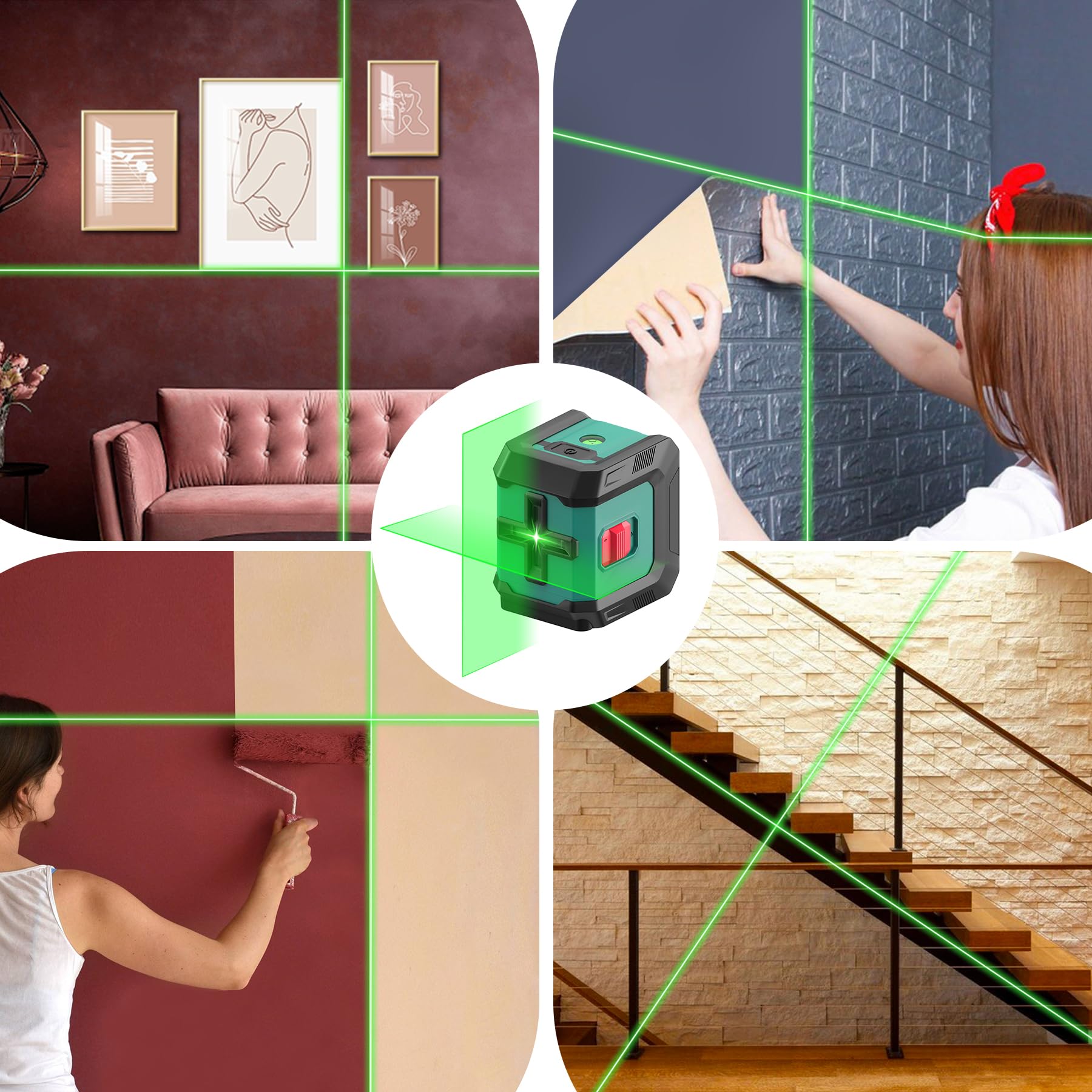 HYCHIKA Livella Laser Autolivellante, Livella Laser Verde Regolabile con 3 Livelli di Luminosità, Livello Laser 15M con Magnetica Supporto, 2 Batterie AA, Uso Interno ed Esterno