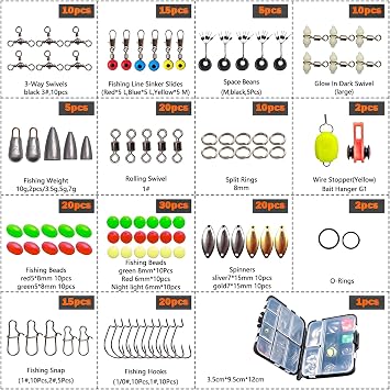SANTUO 183Pcs Fishing Accessories Kit Sea Fishing Tackle Kit Including 1# Hooks Rolling Barrel 3# Swivels 1# 2# Snaps 10g 3.5g 5g Sinker Slides 1# Swivel Crank for Pike Bass Carp with Tackle Box