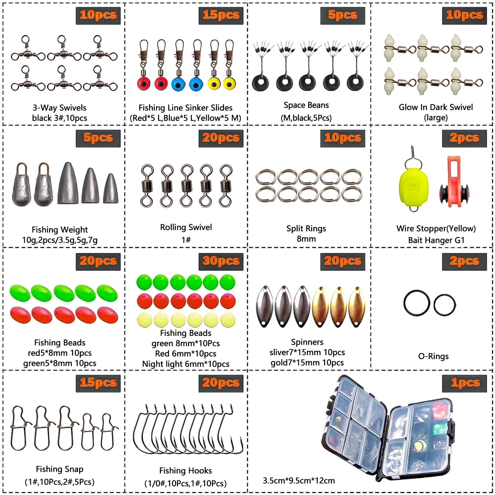 SANTUO 183Pcs Fishing Accessories Kit Sea Fishing Tackle Kit Including 1# Hooks Rolling Barrel 3# Swivels 1# 2# Snaps 10g 3.5g 5g Sinker Slides 1# Swivel Crank for Pike Bass Carp with Tackle Box - Image 4