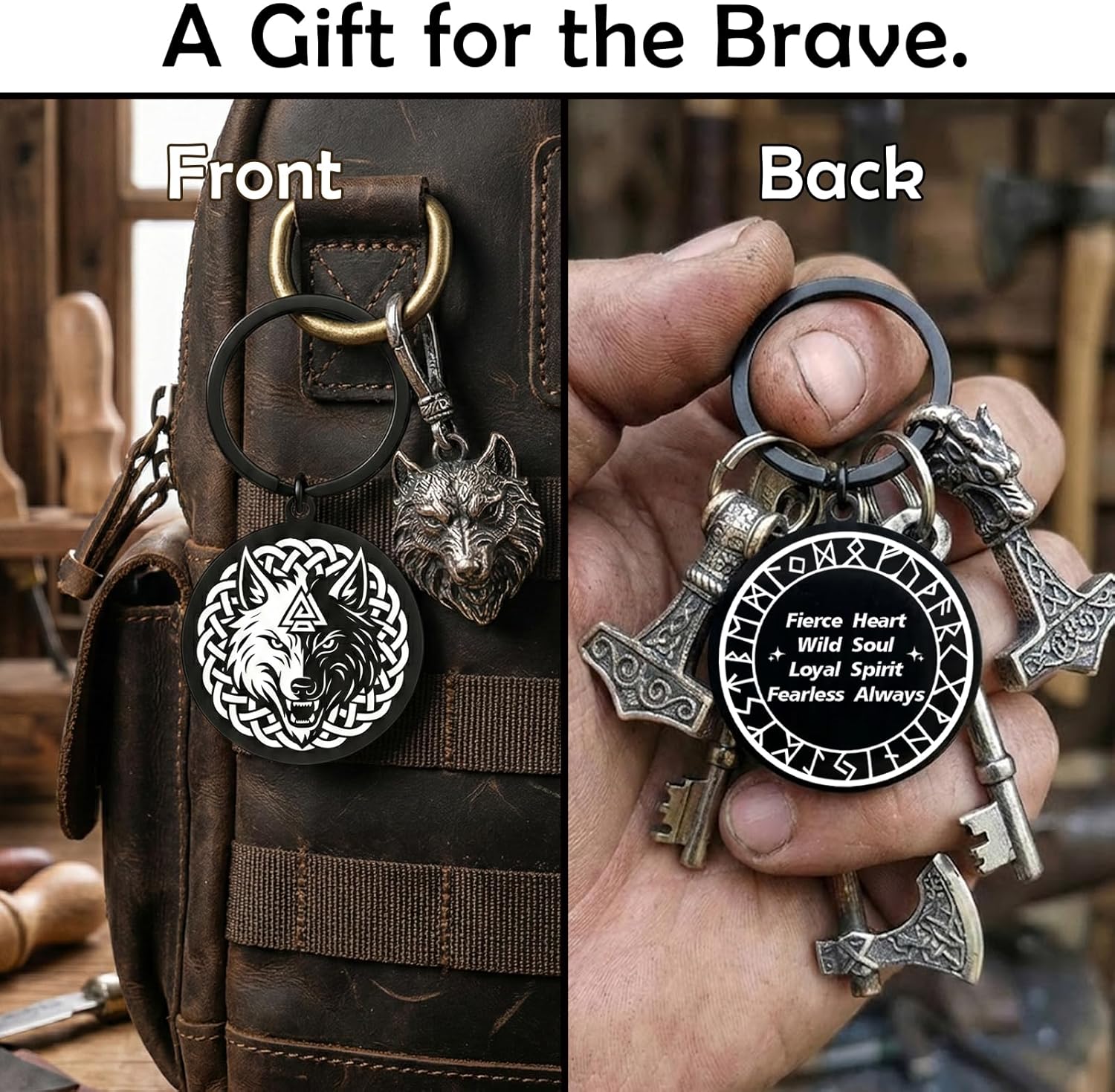 Viking Wolf Keychain - Norse Wolf Symbol Key Ring, Wolf Gift for Men - Nordic Stainless Steel Viking Keychain - Image 3