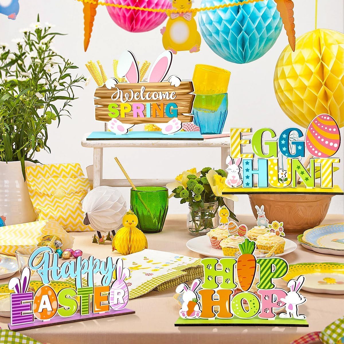 4Pcs Easter Decorations for Home Wooden Table Centerpiece Easter Table Decorations Eggs Bunny Style Tabletop Ornaments for Spring Easter Blessing Party Tiered Tray Decor Supplies
