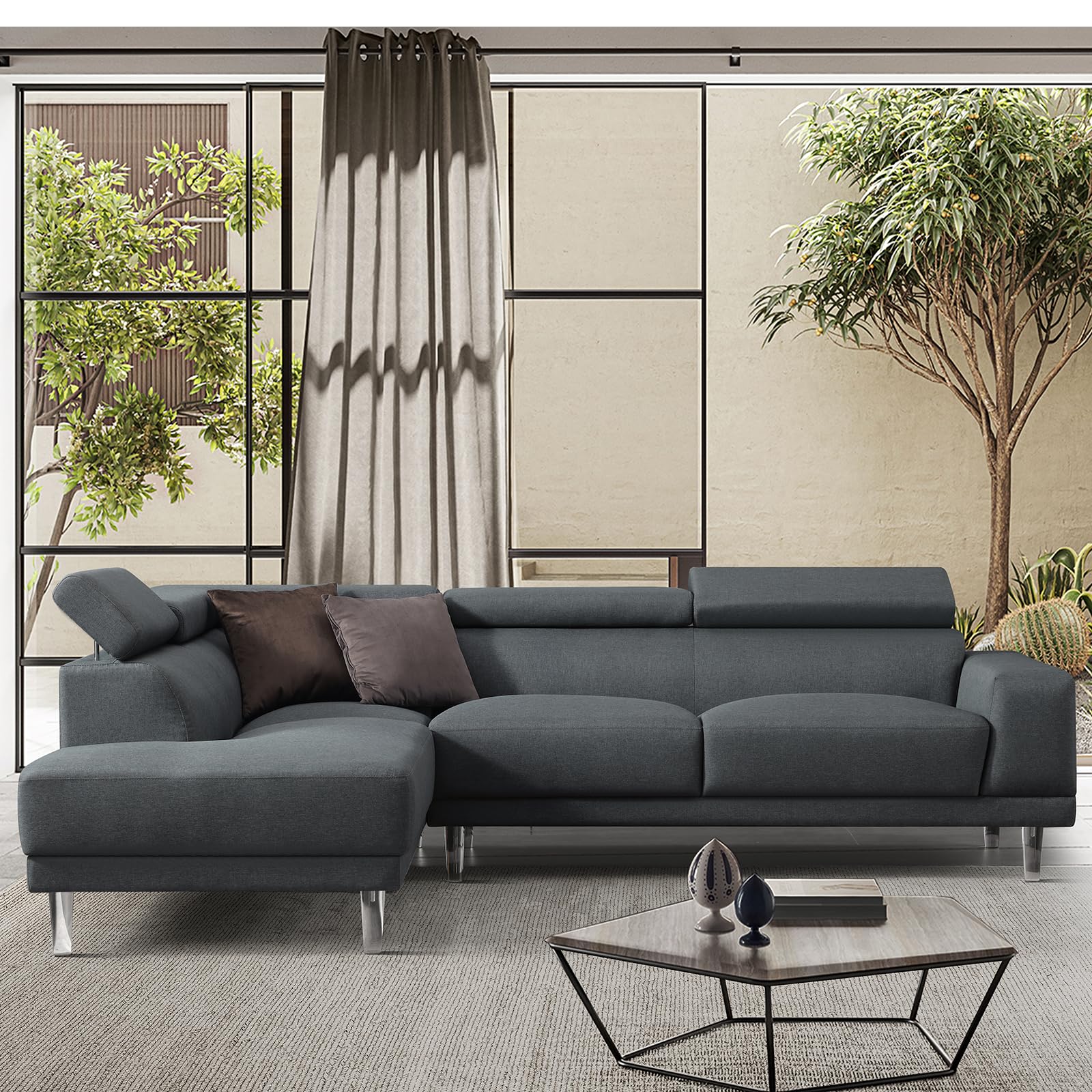 (incomplete box 2/2) 104.5" L-Shaped Sectional Sofa with Adjustable Headrests, Modern Corner Couch with Chaise Fuiniture Set for Living Room, Apartment, Office, Left Hand Facing, Dark Grey