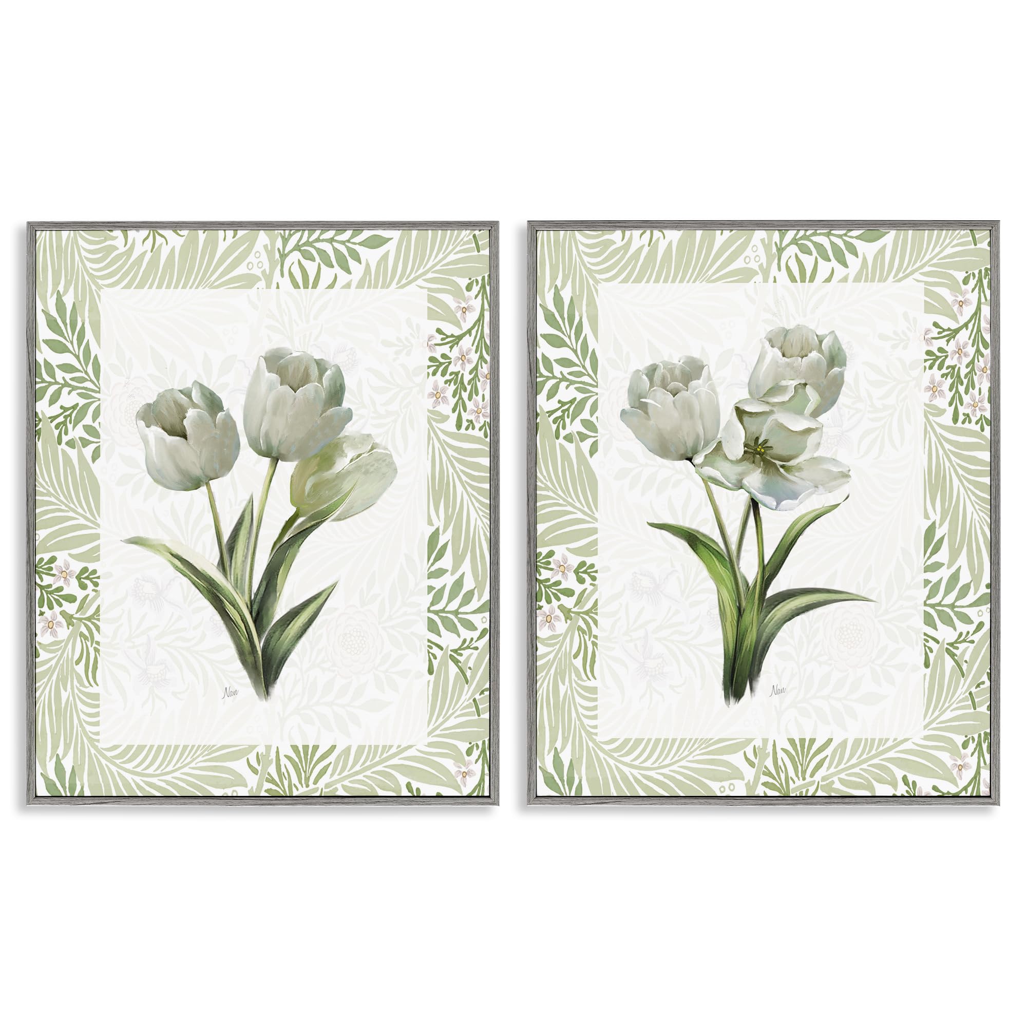 Stupell Industries Soft Green Tulip Trio Floral, 16 X 20 Inch Framed Giclée Print Set