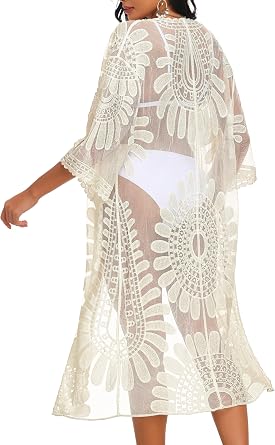 CHICGAL Womens Swimsuit Coverup Lace Bathing Suit Cover Up Beach Kimonos Long Cardigan Open Front Swimwear