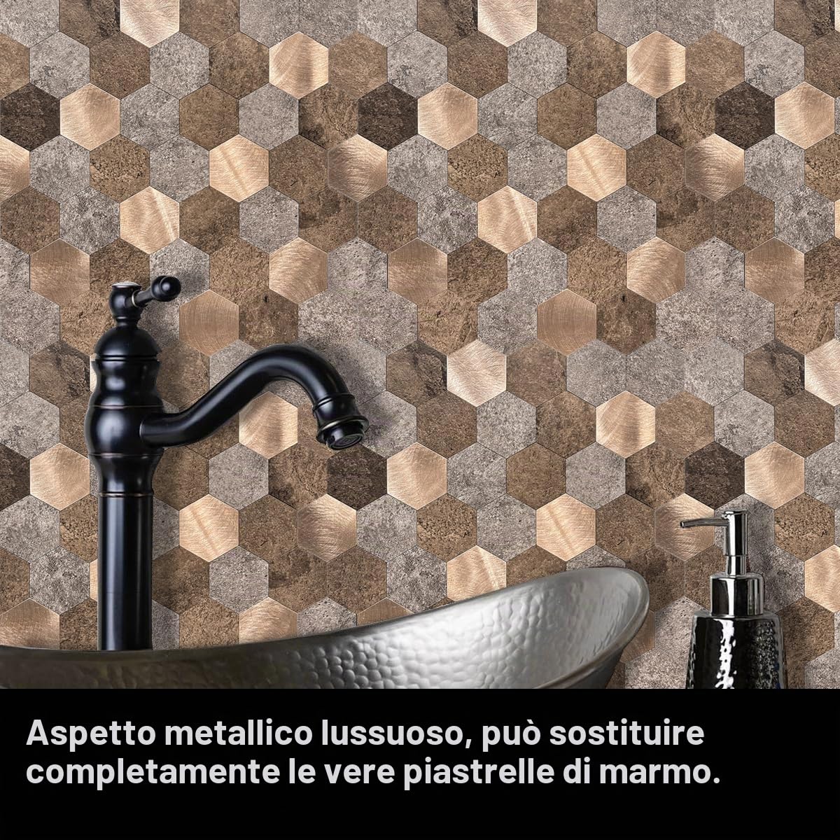 Set di 10 fogli per piastrelle da parete autoadesive in metallo spazzolato, spessore 4 mm, super resistente