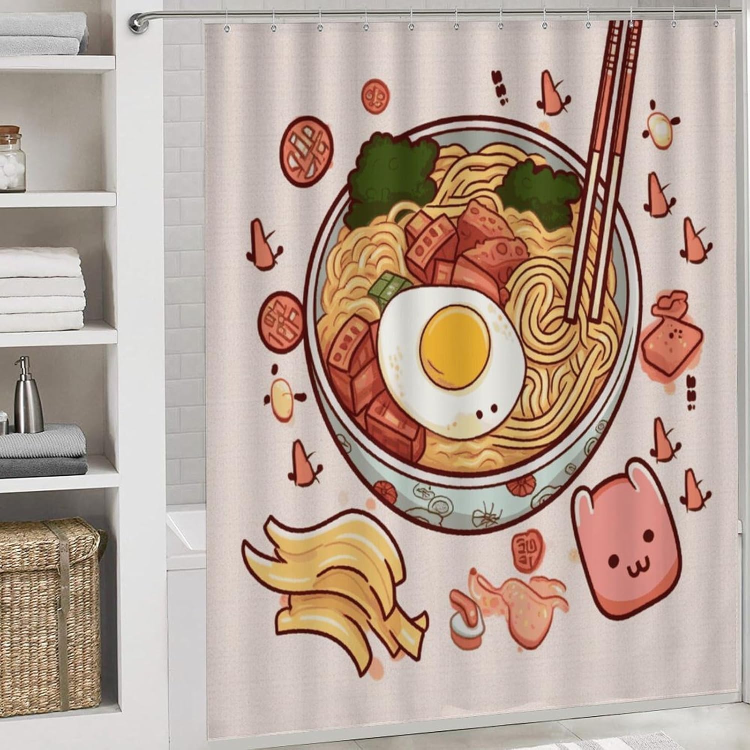 Delicious Sweet Ramen Shower Curtain Set 4 Piece, Non-Slip Bath Mat with Toilet Lid Cover and Waterproof Shower Curtain with 12 Hooks, Complete Bathroom Set for Home Decor