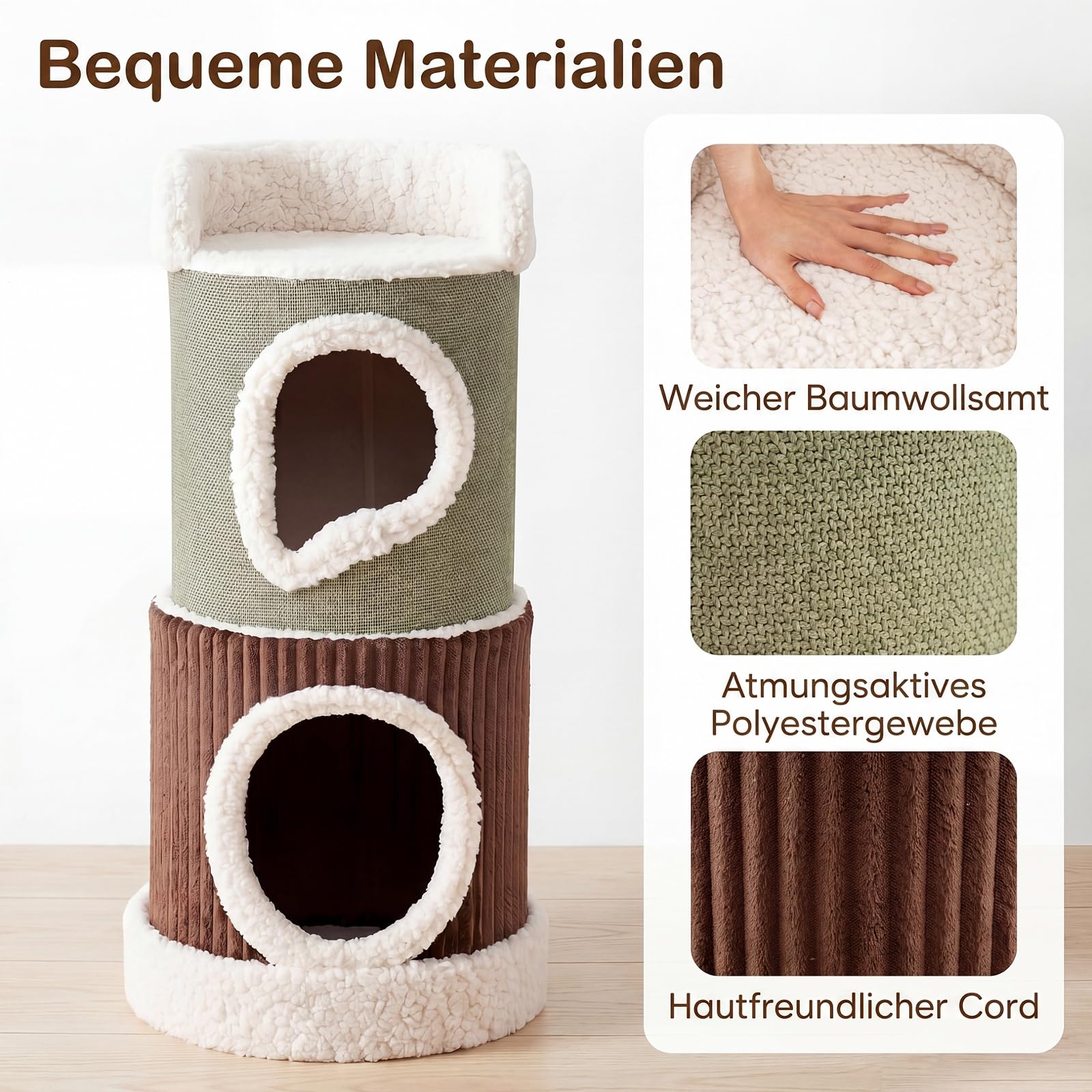 COSTWAY Kratztonne, Ø 41 cm, 85 cm hoch, Katzentonne mit 2 Katzenhöhlen, waschbarem Kissen & Liegefläche, Kratzbaum für kleine und mittelgroße Katzen bis 10 kg, Grün + Braun