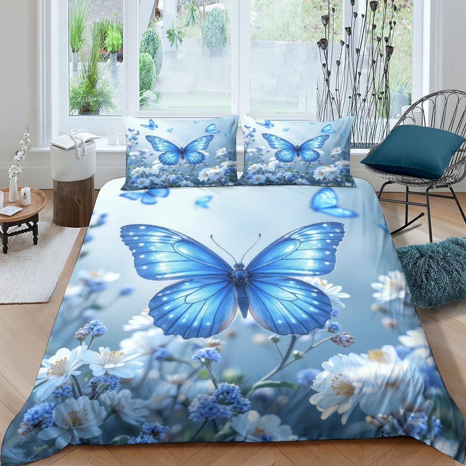 Ctjqhvkz Style-5 3D Printed Blue Butterfly Fitted Sheet Microfiber Soft Floral Mattress Cover For Bedroom Guest Room Easy Care Decoration Single（135X200cm）