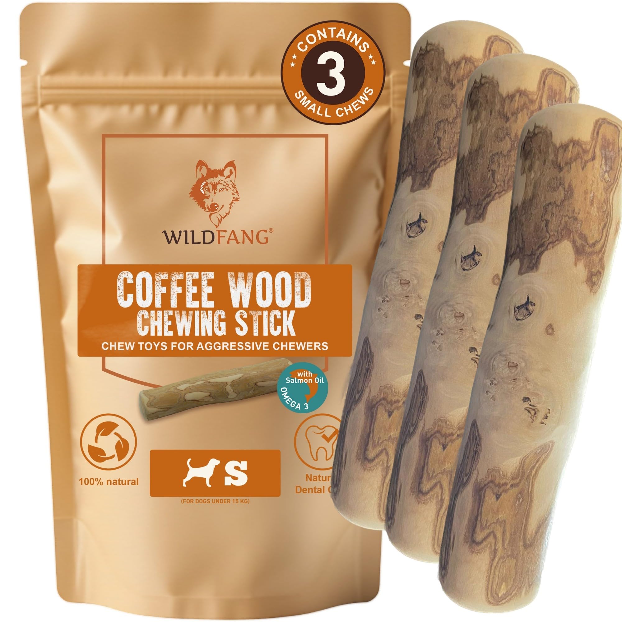 Wildfang® Coffee Wood Dog Chew w/Salmon Oil – Durable Dog Toys for Aggressive Chewers Dental Stick for Teething Puppy Training for Chewing Muscles, Coffee Tree Sticks for Small Dogs (Under 15 kg), 3X