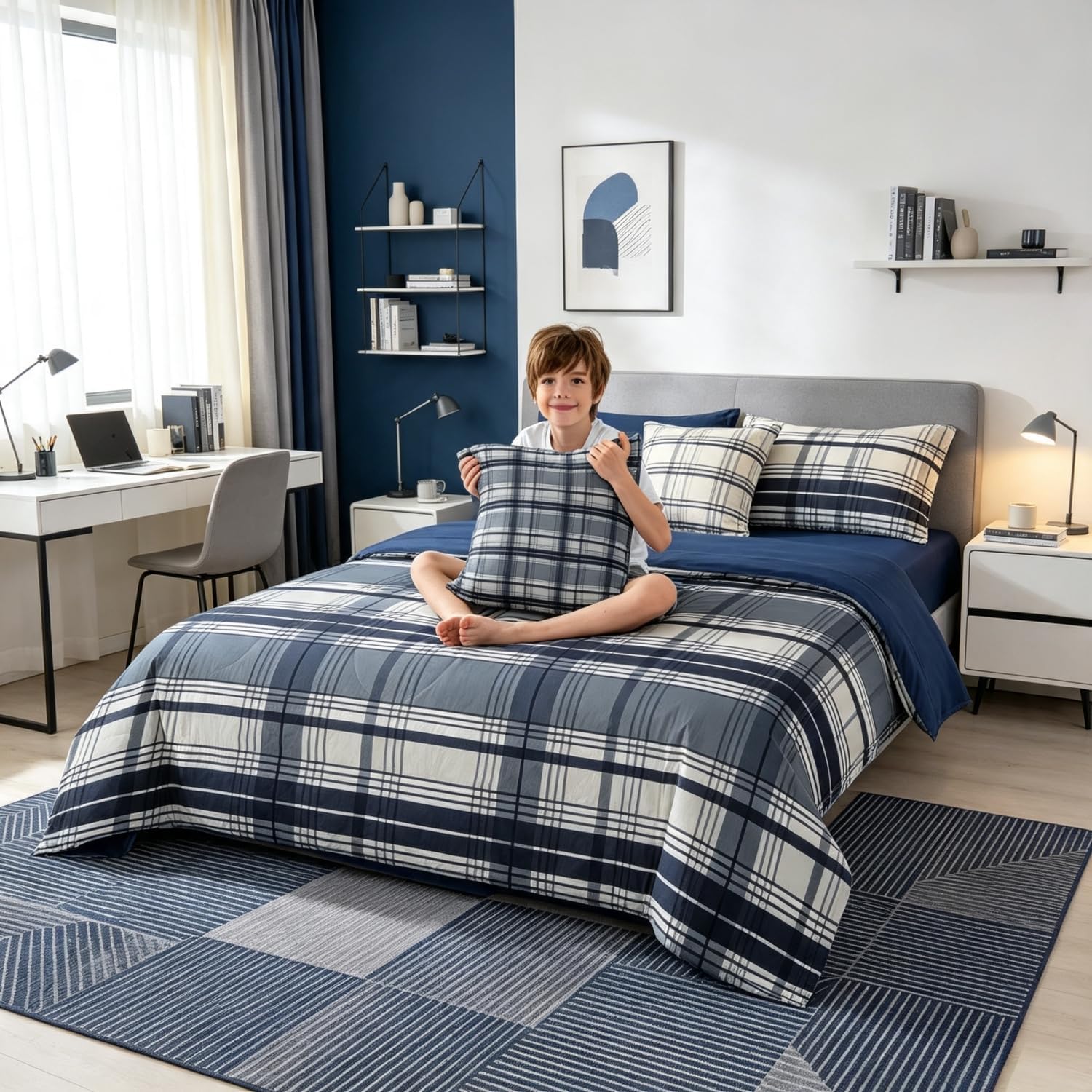 Erosebridal Queen Comforter Set 7 Piece Blue Plaid Bedding Sets for Boys Teen Men Navy Grey Classic Gingham Bedding Soft Lightweight Bed in A Bag with Sheets Pillowcases & Covers