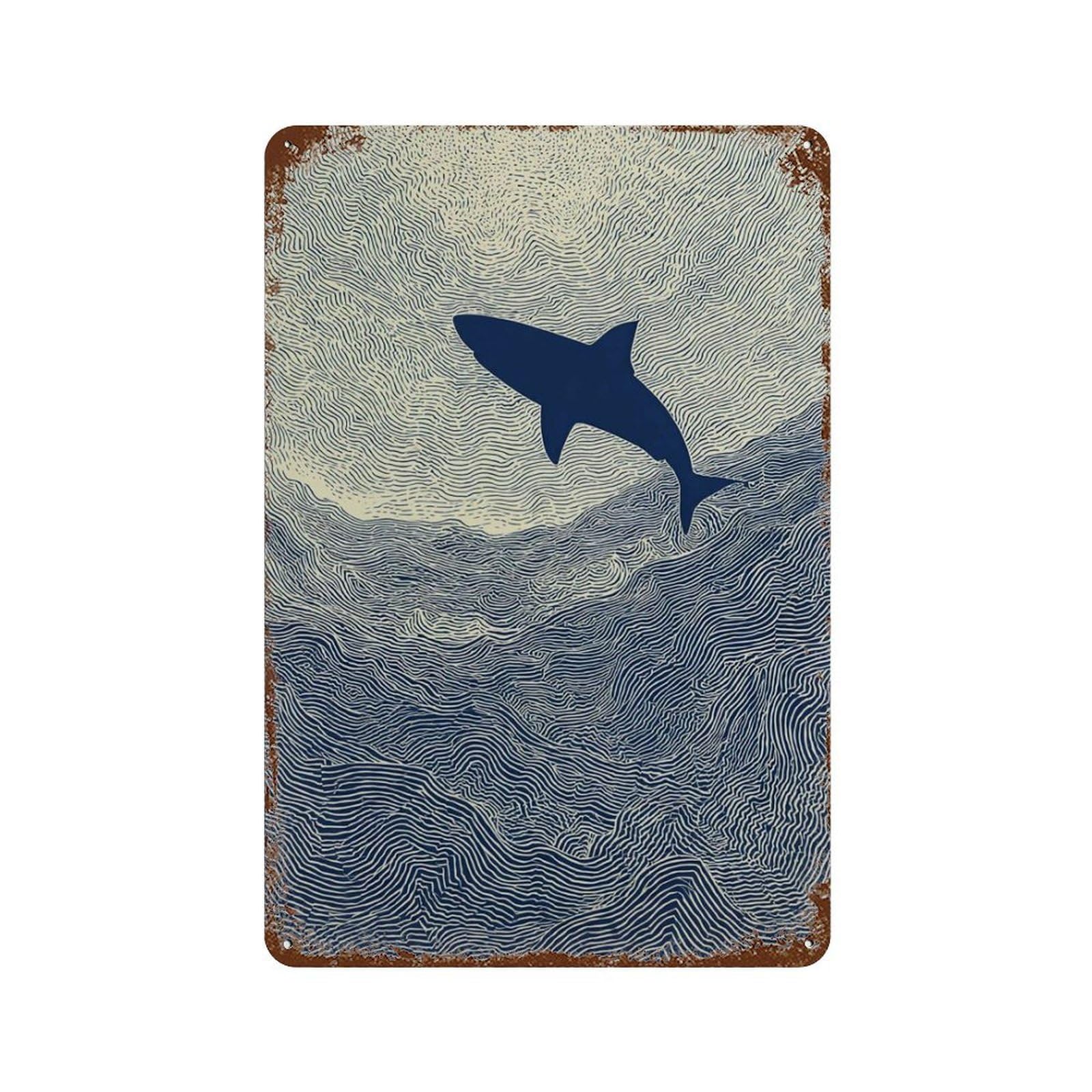 xiaoxiaoshen Abstract Linocut Shark Nautical Coastal Blue Minimalist Ocean Aesthetic Wall Decor Art Metal Tin Poster Modern Home Decor Art Home Bar Shop Decorations Vintage Sign 30x20cm