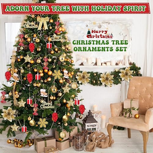 Miniatura 5 de Liliful Juego de 132 adornos para árbol de Navidad, surtido de bolas de Navidad, luces LED, lazos de pascua con purpurina, cintas para decoración de