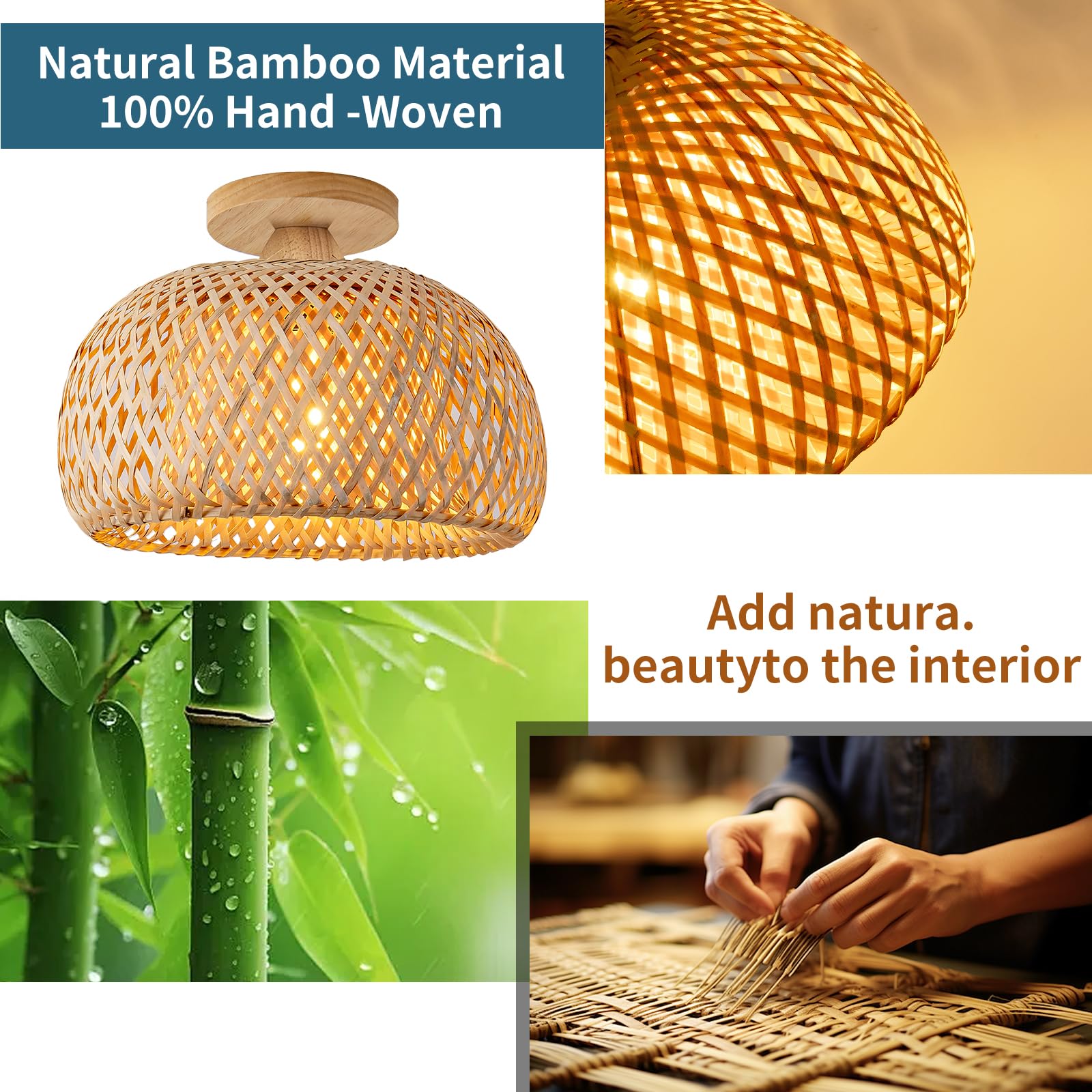 Mikeru 30cm Vintage Handmade Woven Ceiling Light, LED Natural Bamboo Pendant Light - Image 3