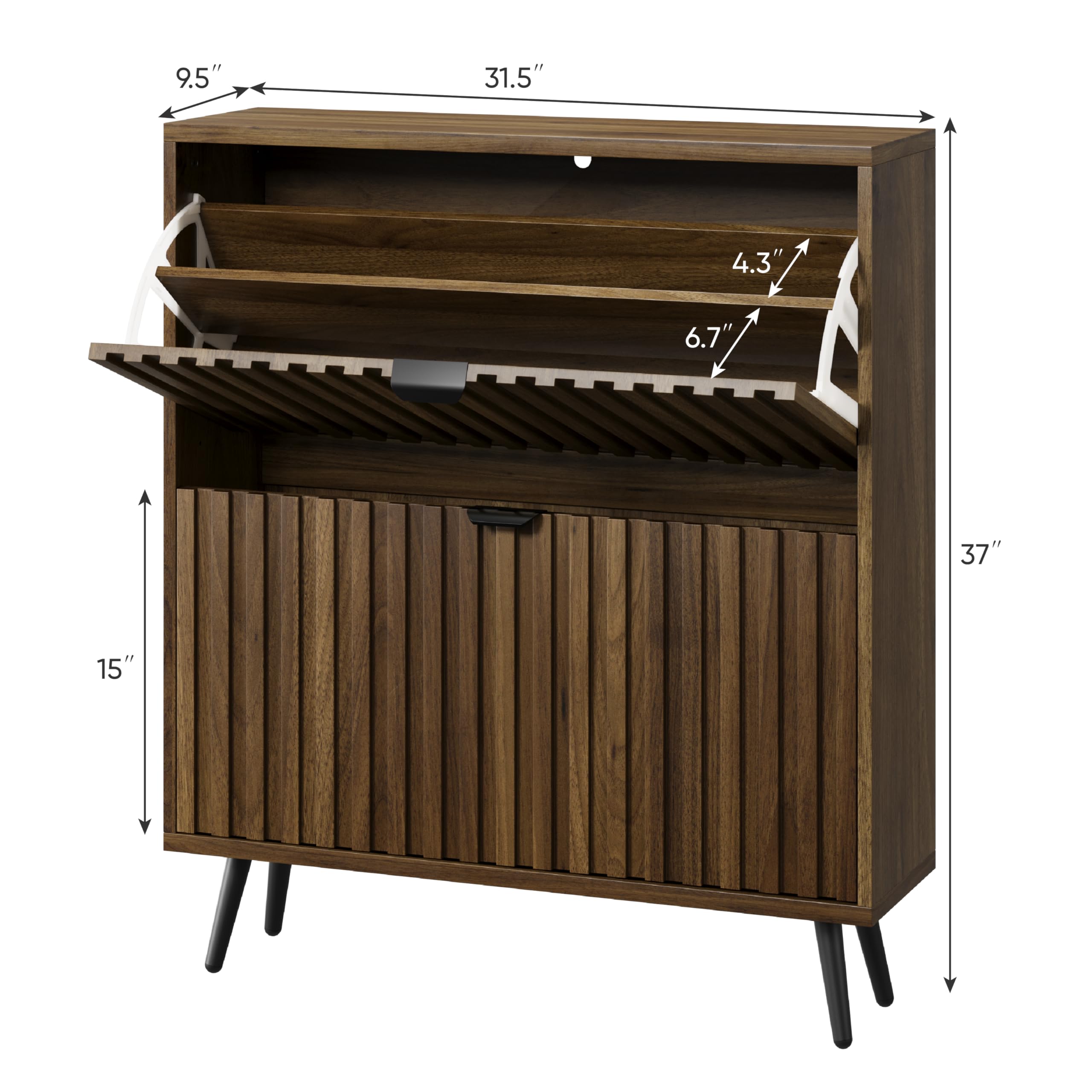 Smuxee Schuhschrank mit 2 Klappschubladen, 80 cm, Walnussholz, versteckter Schuhschrank mit geriffeltem Design, freistehender Schuh-Organizer für Eingangsbereich, Flur, Schrank, Wohnzimmer