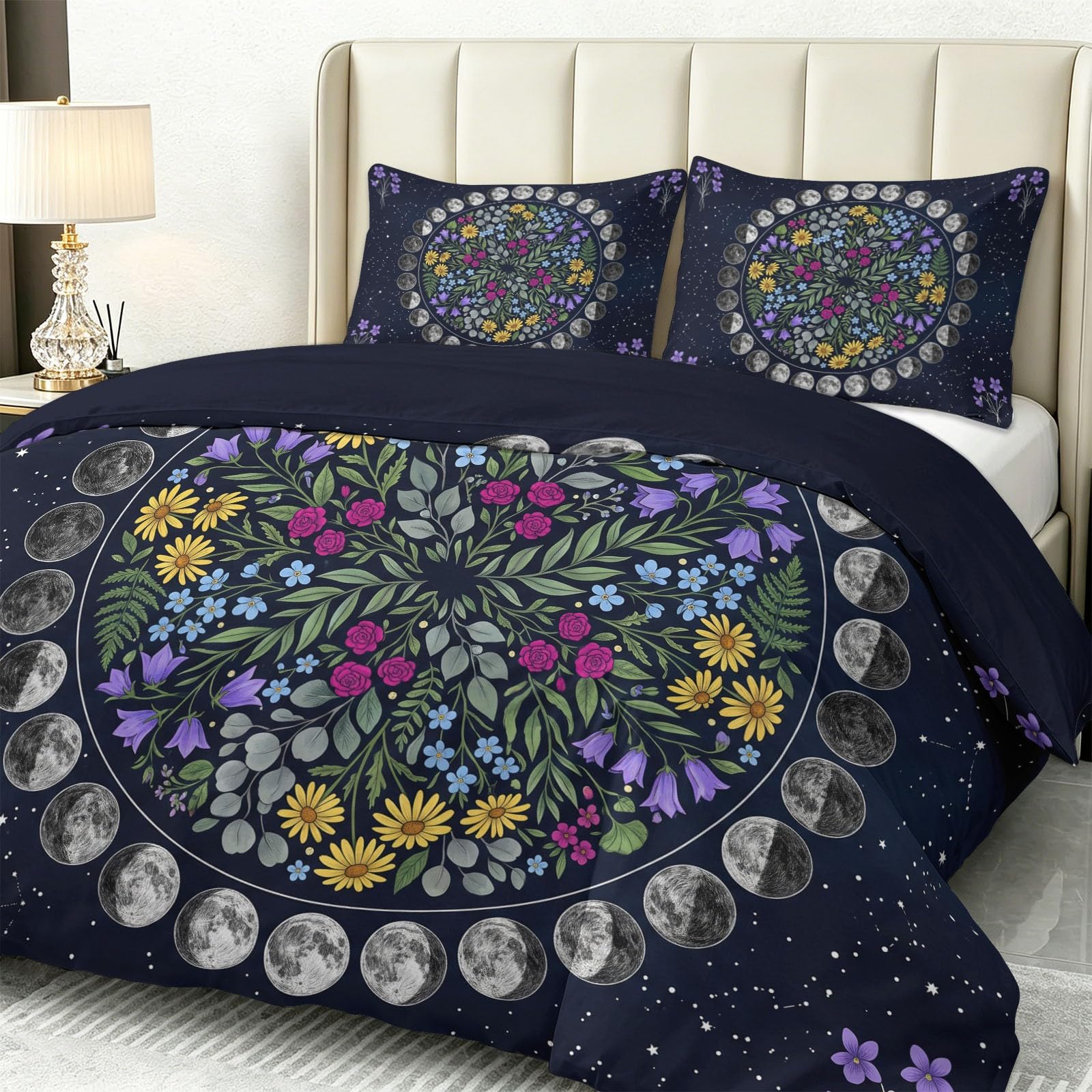 Zestaw pościeli z mikrofibry z nadrukiem Mandala Księżyc Zielone Liście, 3 sztuki: 1 poszwa na kołdrę 200 x 200 cm 2 poszewki na poduszki, zamek błyskawiczny, do podwójnego łóżka dla dorosłych, szary