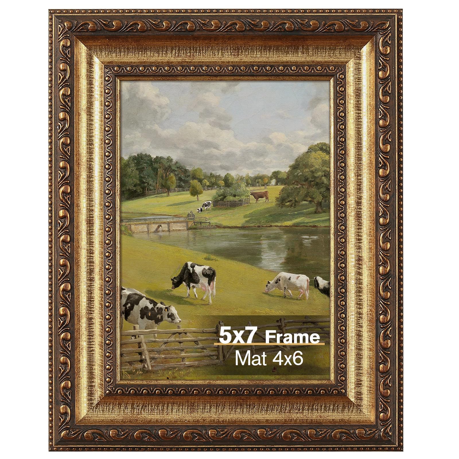 Splinterix 5x7 Gold Picture Frame, Ornate Vintage Picture Frames for Wall or Tabletop Display, 5x7 Photo Frame Gold with Real Glass, Display Poster