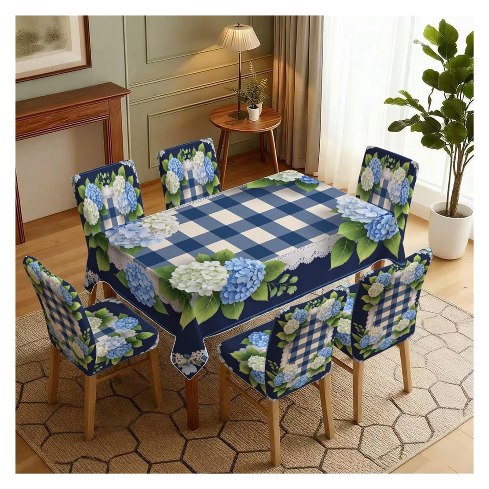 BOSUYBN Navy Blue Gingham Hydrangea Floral Dining Tablecloth & Chair Covers Set, 5/7 Piece Country Cottage Farmhouse Dining Room Home Decor Table Setting(7pcs Set: Tablecloth+Chair Covers)
