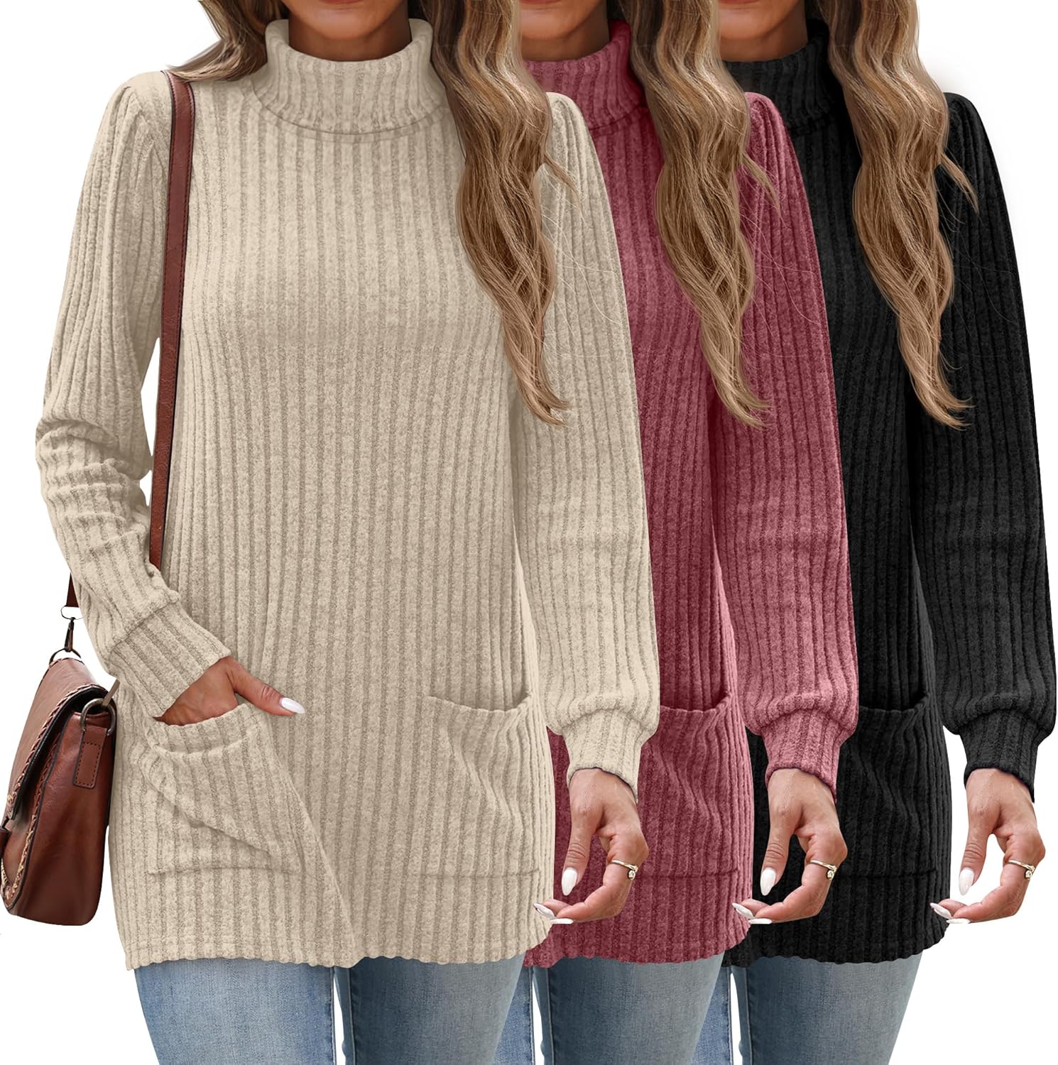 3 Pack Women's Turtleneck Long Sleeve Sweaters, Puff Ribbed Knit Sweaters Pullover Casual Tunic Tops with Pockets
