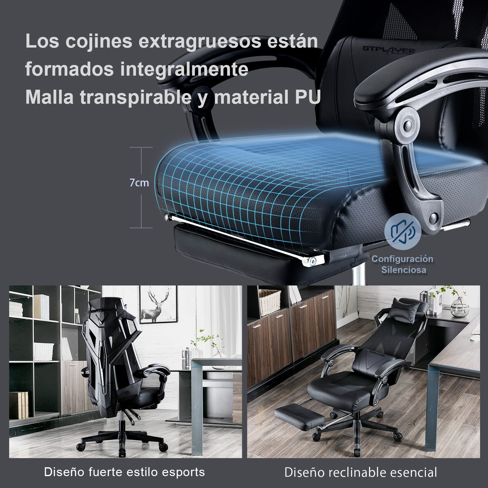 GTPLAYER Silla Gaming Reposapiés Oficina Gamer Silla Escritorio Ergonómica Ordenador con Altura Ajustable Reposabrazos Sincronizado y Cojín Lumbar Engrosado Respaldo Reclinable(Negro)