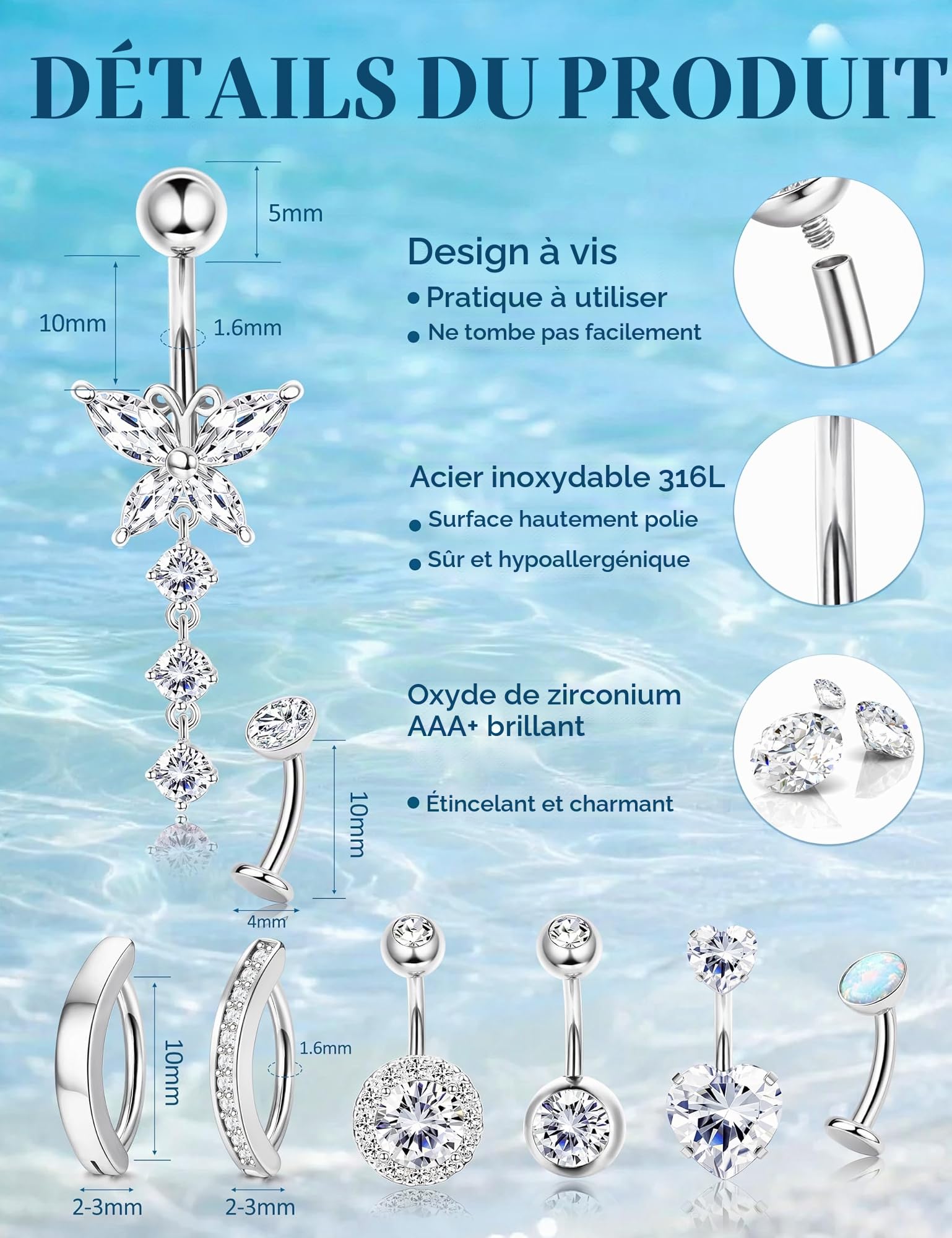 Chriscoco 10pcs 14G Piercing Nombril Acier Chirurgical Or Argent Zircon Coeur Opale Papillon Pendant Piercing Nombril Anneau Piercings Bijoux pour Femme