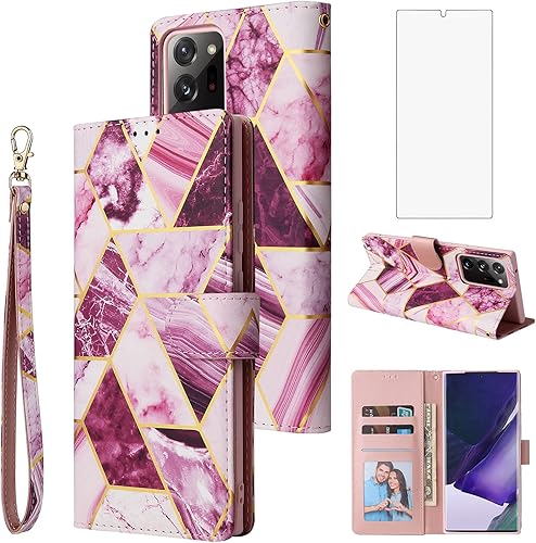 Asuwish Compatible con Samsung Galaxy Note 20 Glaxay Note20 5G - Funda tipo cartera de vidrio templado, protector de pantalla de cuero con tapa para