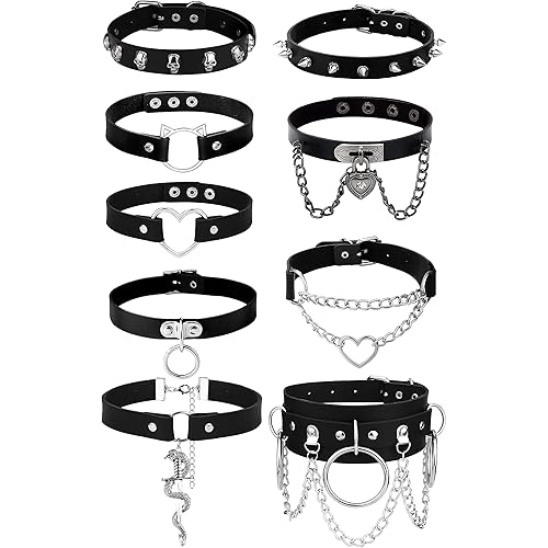 HAIAISO 6-9pcs Leather Punk Goth Choker Necklace with Love Heart Spikes, Adjustable Pu Collar for Women
