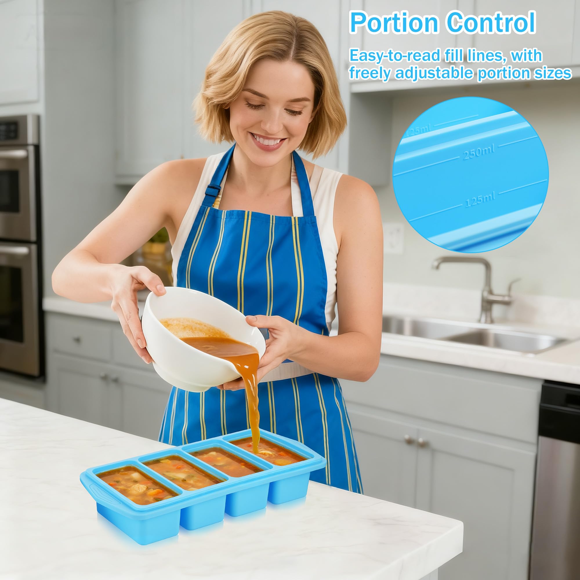 2 Pezzi Vassoio in Silicone Extra Large, Contenitori per Zuppe da Conservare in Freezer, Salse e Preparazioni Alimentari, 1 Tazza/250 ml, Azzurro Cielo (2, Rettangolare)