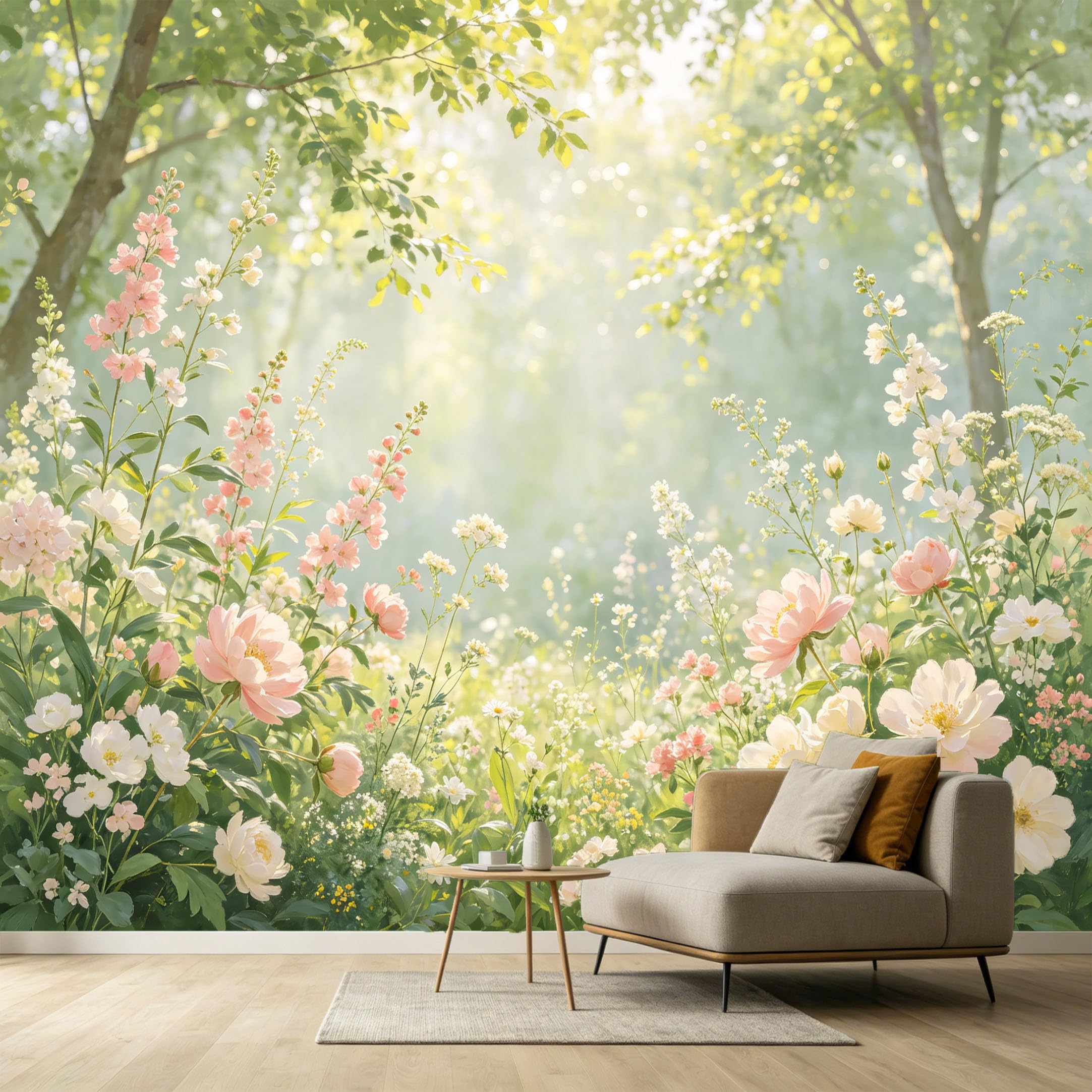 Custom Size Wall Murals Botanical Forest Sunlight Peonies Flowers Watercolor SelfAdhesive Wall Fabric Removable Large Wallpaper for Photo Living Room