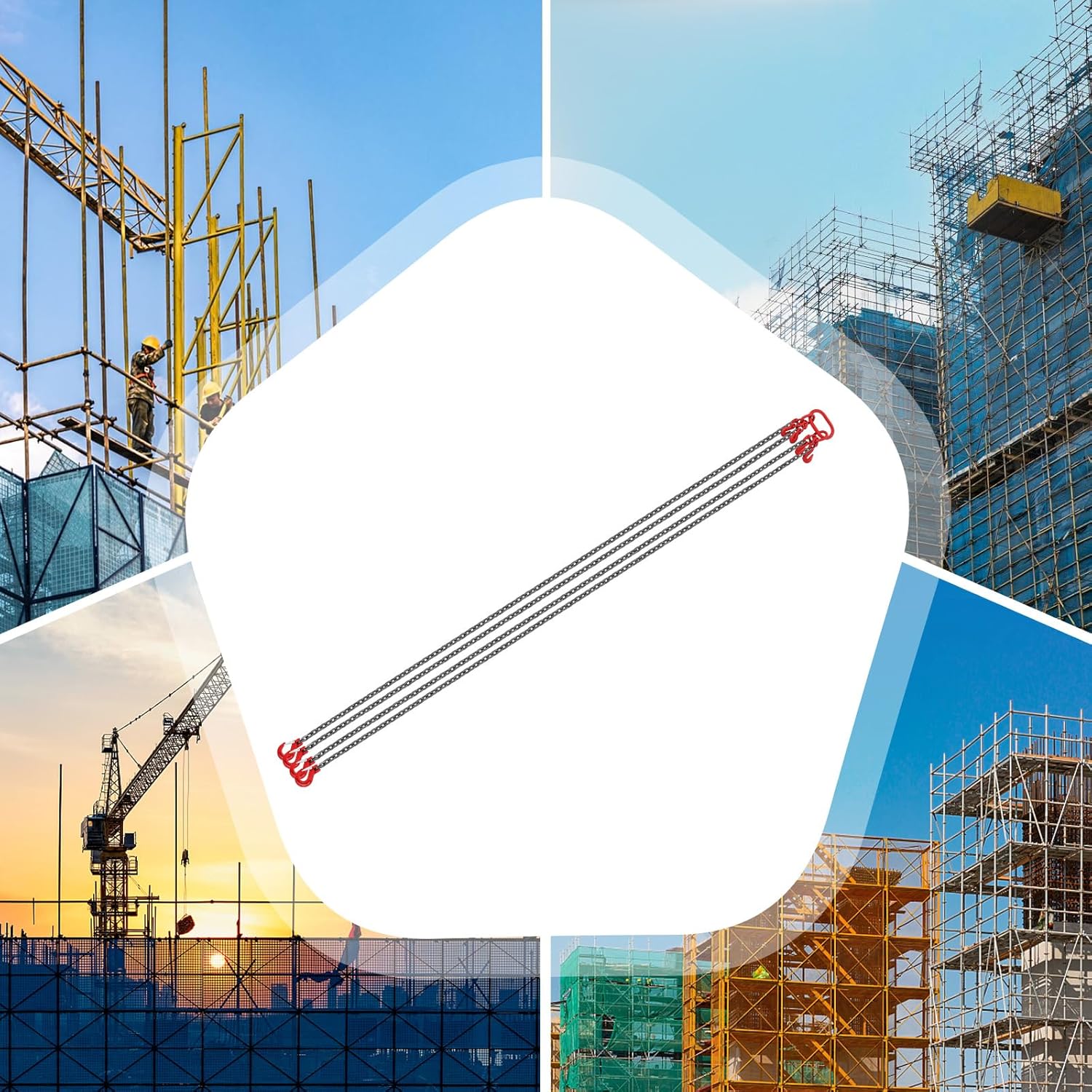 4 Leg Chain Sling 1/4 Inch x 10 Ft, G80 Heavy Duty Lifting Chain with Hooks, 6613 lbs Sling Chains, Adjustable Length, Industrial Hoist for Construction, Mining, and Logistics (3 Ton/10Ft)