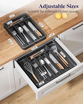 Kitsure Cutlery Drawer Organiser for Kitchen - Adjustable Cutlery Tray for Effortless Utensil Sorting, Versatile Kitchen Storage & Organisation Solution, 12.13 x 1.54 x 8.07~13.90, Black