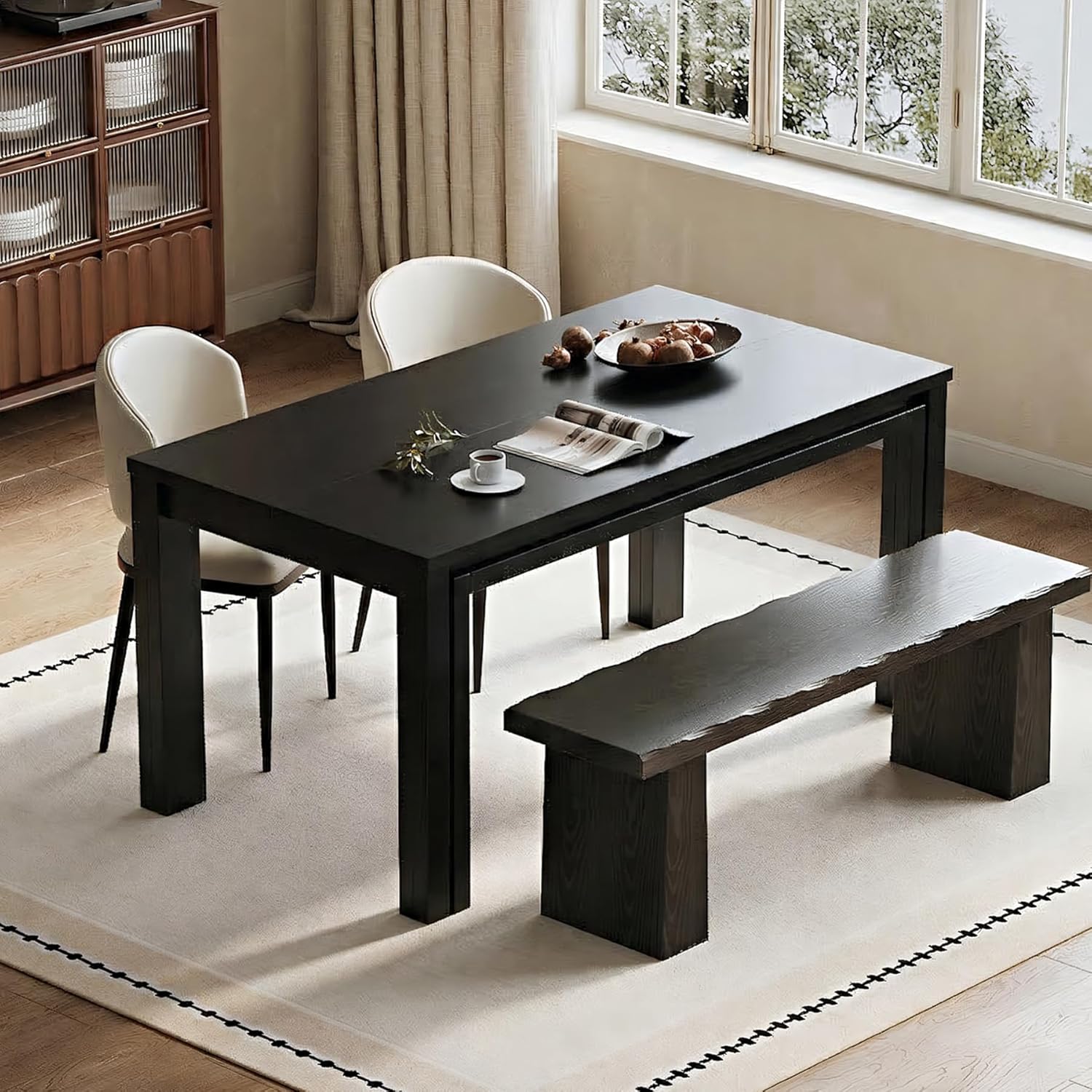 LITTLE TREE Dining Table for 6 People, Rectangular Kitchen Table with Heavy Duty Legs, Farmhouse Wooden Table for Dining Room, Dinner, Dinette (Black)