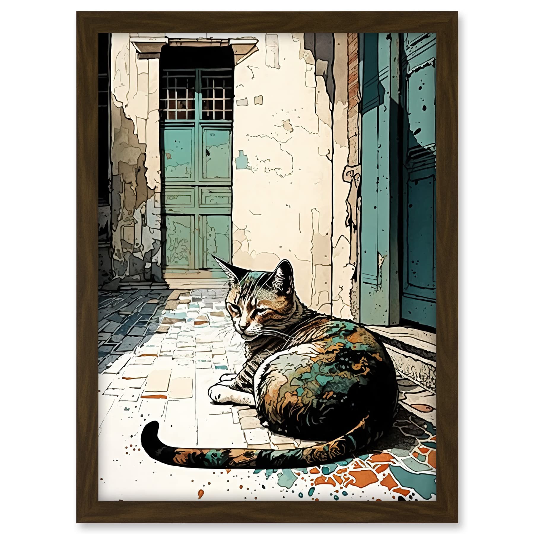 Artery8 Street Cat Sunbathing on Cobblestone Street Modern Illustration Artwork Framed A3 Wall Art Print
