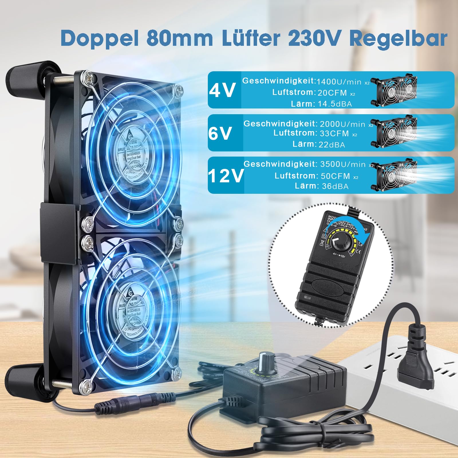 GDSTIME 2x 80mm Lüfter 230V Dual Kugellager Einstellbare Geschwindigkeit | pc lüfter 230v 80mm regelbar gehäuselüfter 220v 80mm 4V-12V Geschwindigkeit Kontrolle für Computer Router Schrank Verstärker