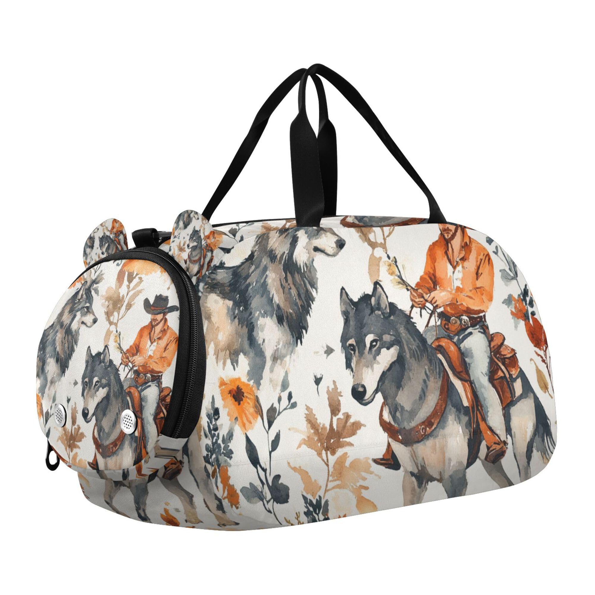 Glaphy Western Cowboys Wolf Duffle Bag for Toddler Boys Girls, Gym Sports Bag with Shoe Compartments, Kids Travel Overnight Weekender Shoulder Bag