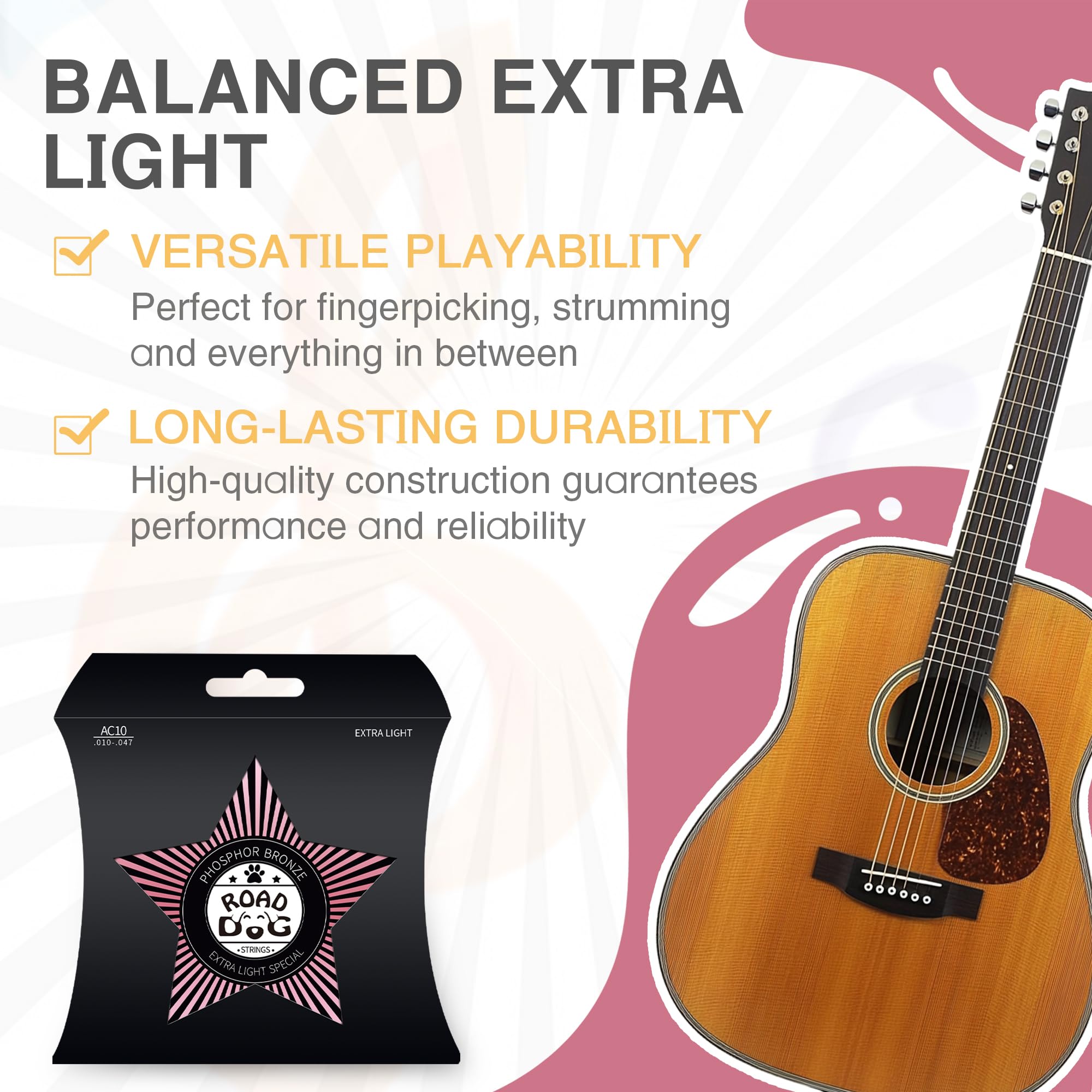 Cuerdas para guitarra acústica, acero chapado en níquel con revestimiento de iones PVD, juego de 6 cuerdas acústicas, sensación consistente, duradero, tono brillante (extra ligero, 10-47 (paquete de