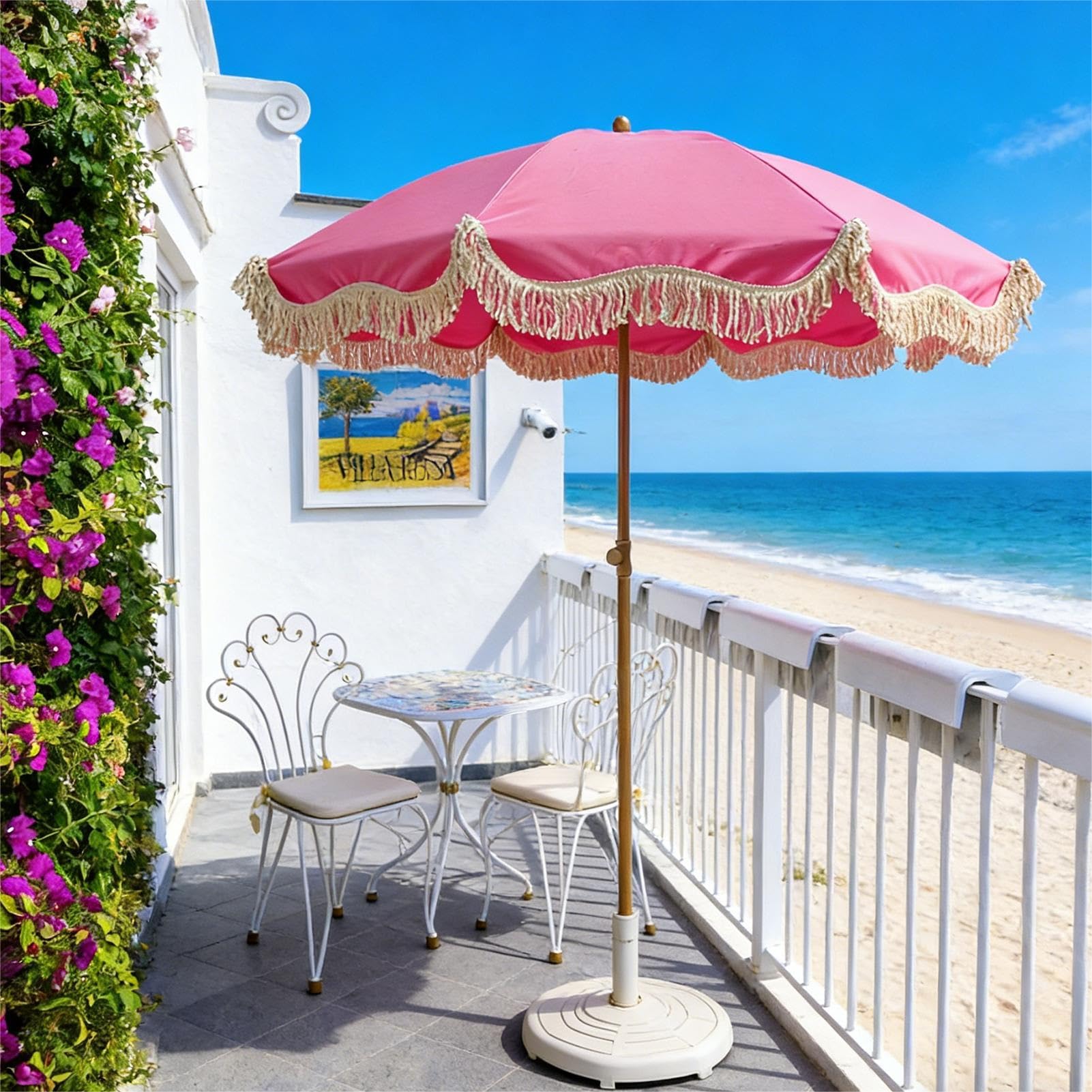 Parasol Ogrodowy Boho 200 cm z Frędzlami, Parasol Tarasowy z Frędzlami UPF 50+, z Regulacją Nachylenia, Wodoodporny na Taras Plażę