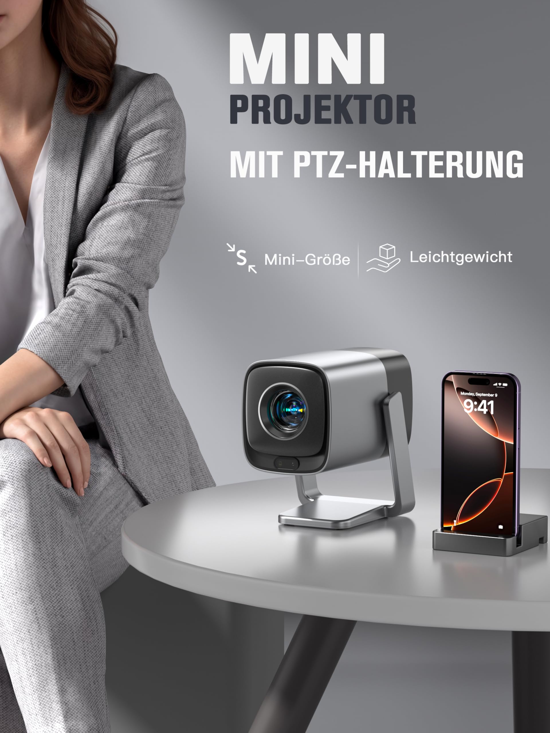 Smart Mini Beamer 4K Kompatibel mit Netflix & Dolby Audio, XuanPad 30000 Lumen Beamer mit TOF Autofokus & Trapezkorrektur, WiFi6 & Bluetooth, 210° Heimkino/Outdoor Silver Projektor für Handy/PC