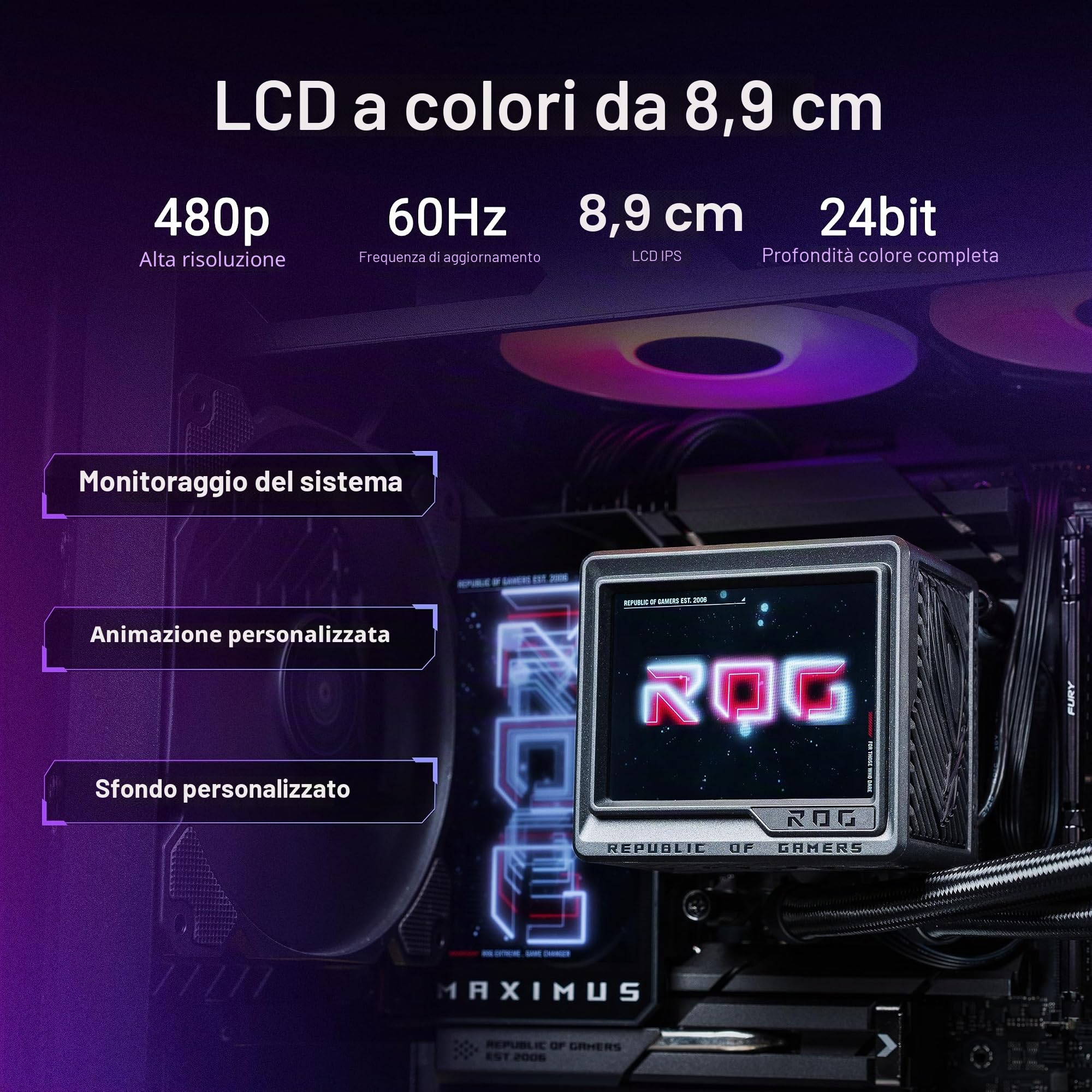 ASUS ROG RYUJIN III 360 ARGB EXTREME all-in-one AIO CPU liquido cooler; pompa Asetek Gen8 V2; ventole magnetiche ad alta pressione flusso d'aria; LCD