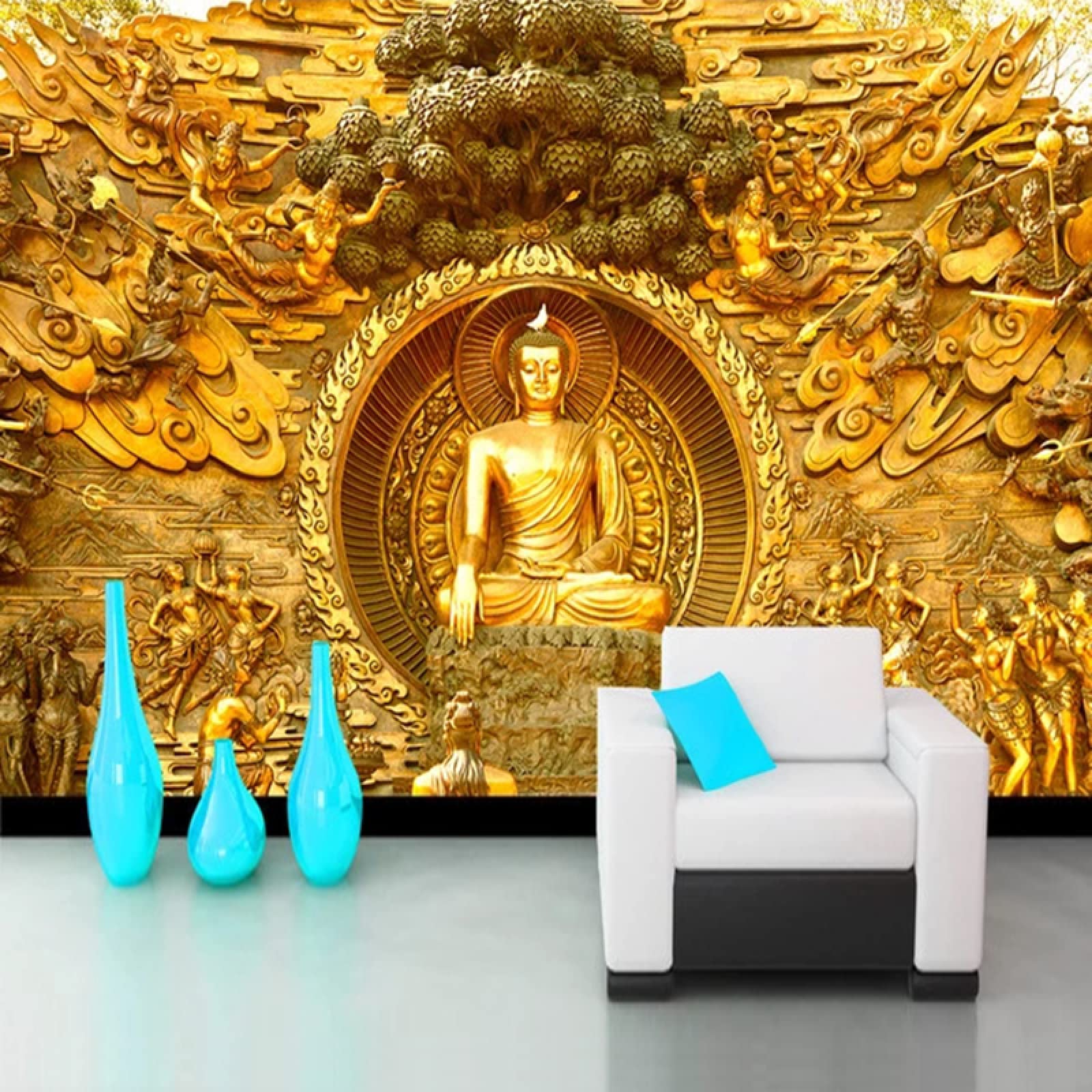 Amazon | SHEROCHING 自己粘着 PVC3D 三次元金仏像仏教寺院壁画壁画